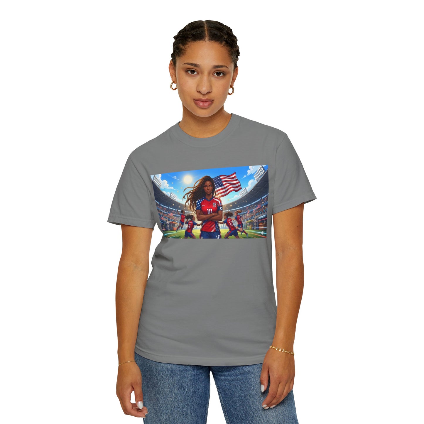 Soccer Mom USA T-Shirt — Female Soccer Player with American Flag Stadium Graphic