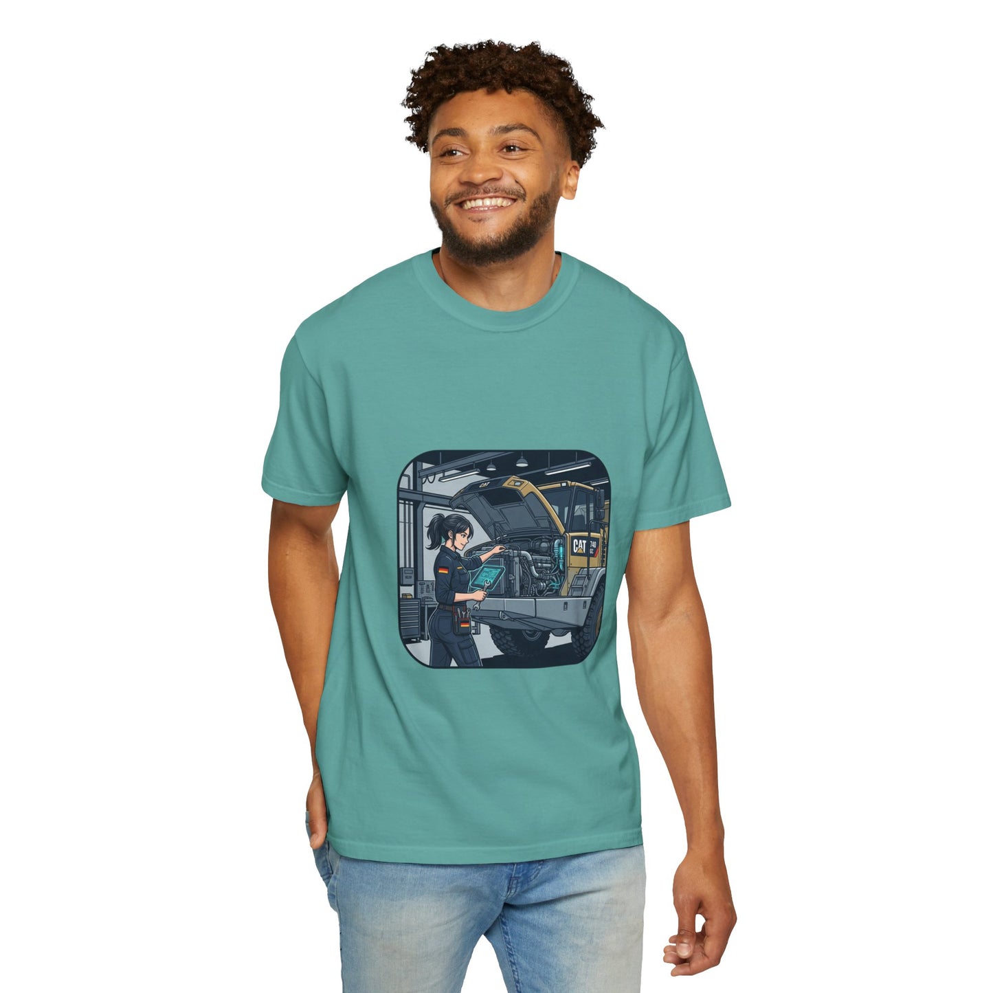 Mechanic Garage Scene T-Shirt — Vintage Truck Repair Illustration