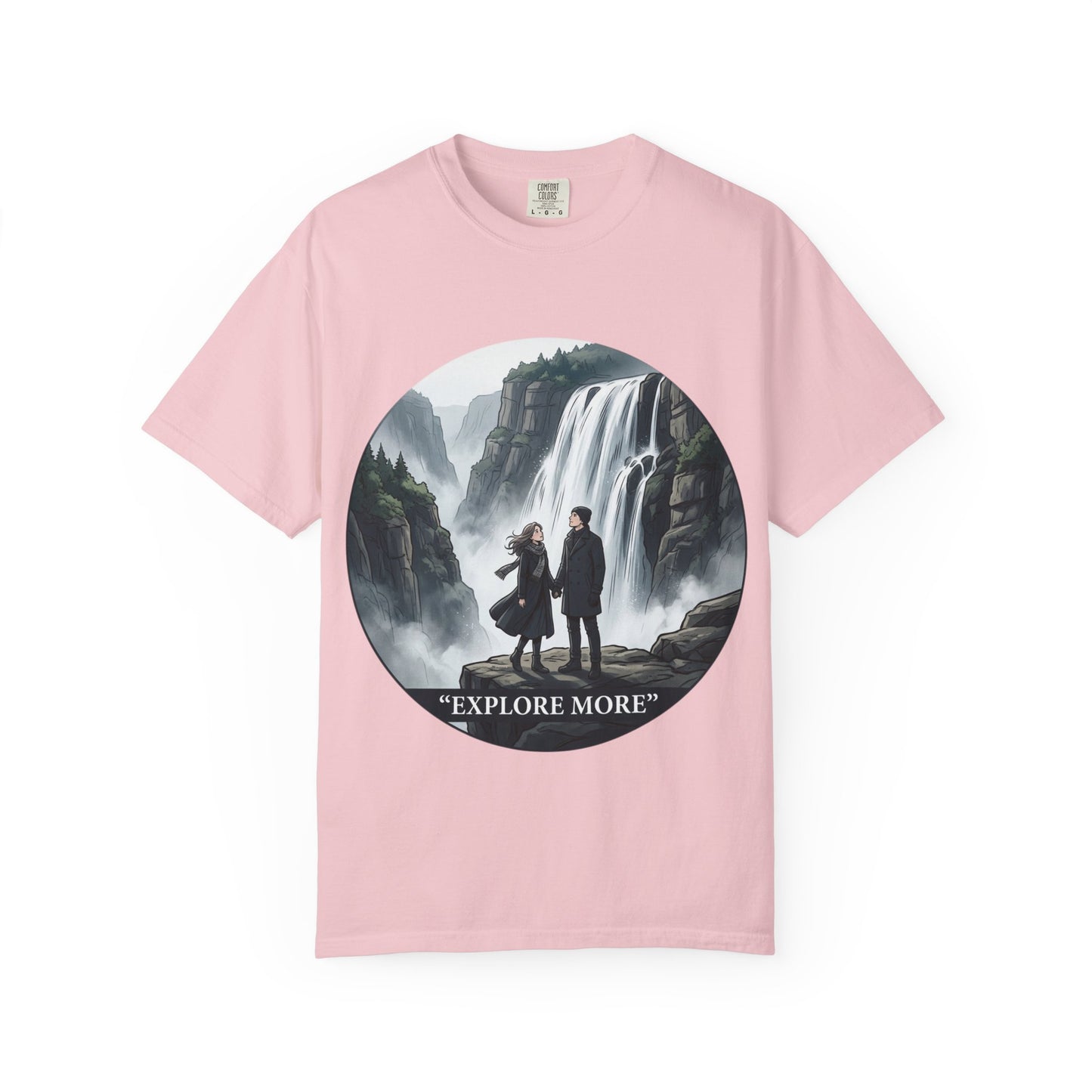 Explore More T-Shirt — Adventure Graphic Tee with Waterfall Scene