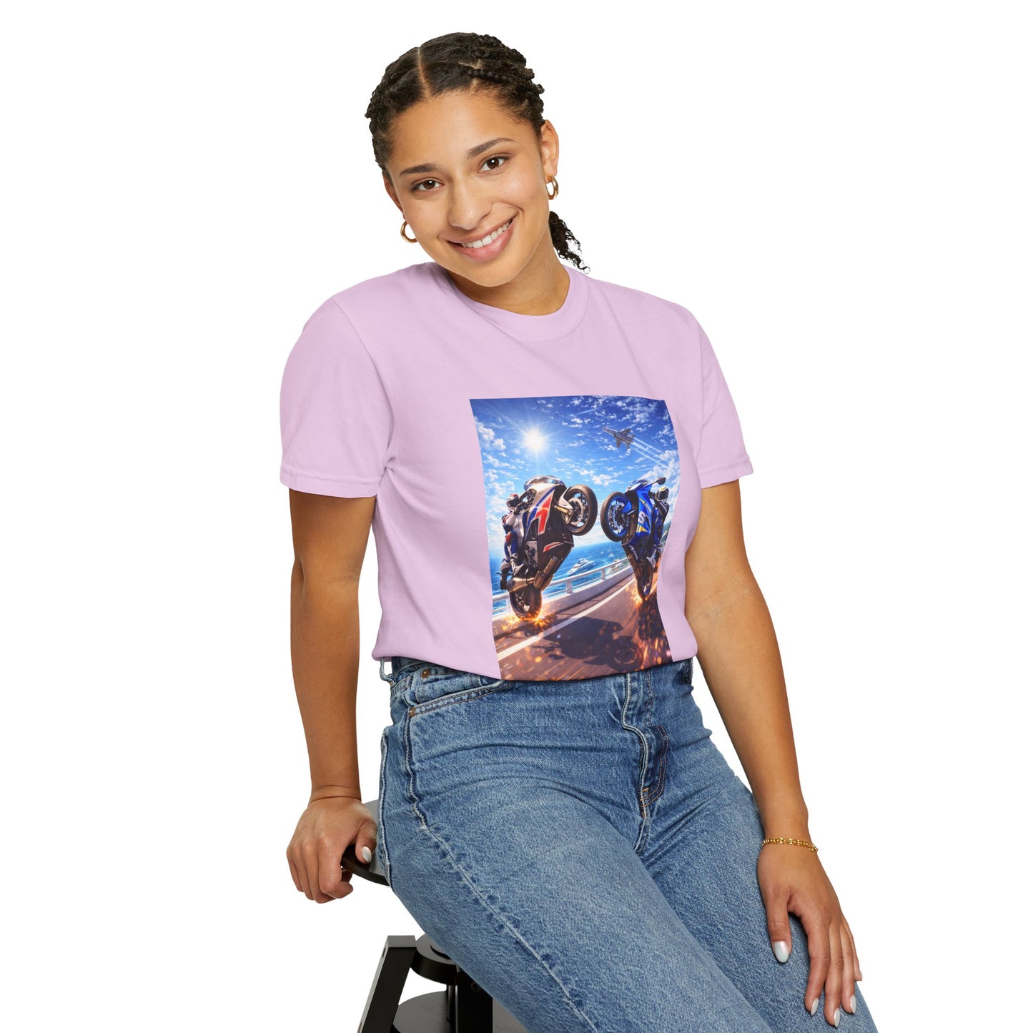 Stunt Riders Motorcycle T-Shirt — Two Bike Wheelie Racing Graphic Tee