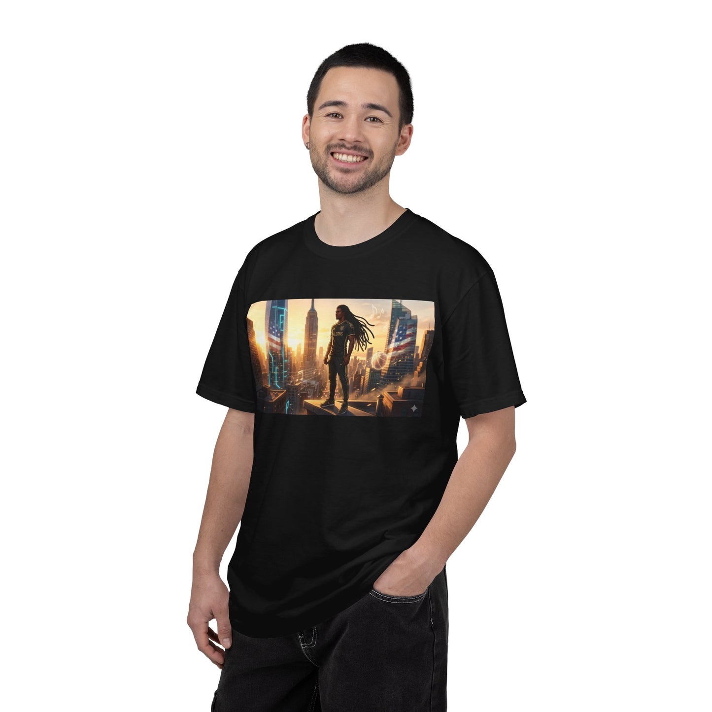 Cyberpunk Cityscape T-Shirt — Silhouette Hero at Sunset