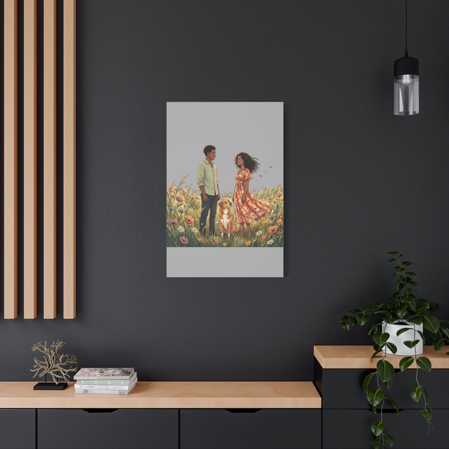 Romantic Couple in Wildflower Field Canvas Art — Black Love Wall Decor with Dog