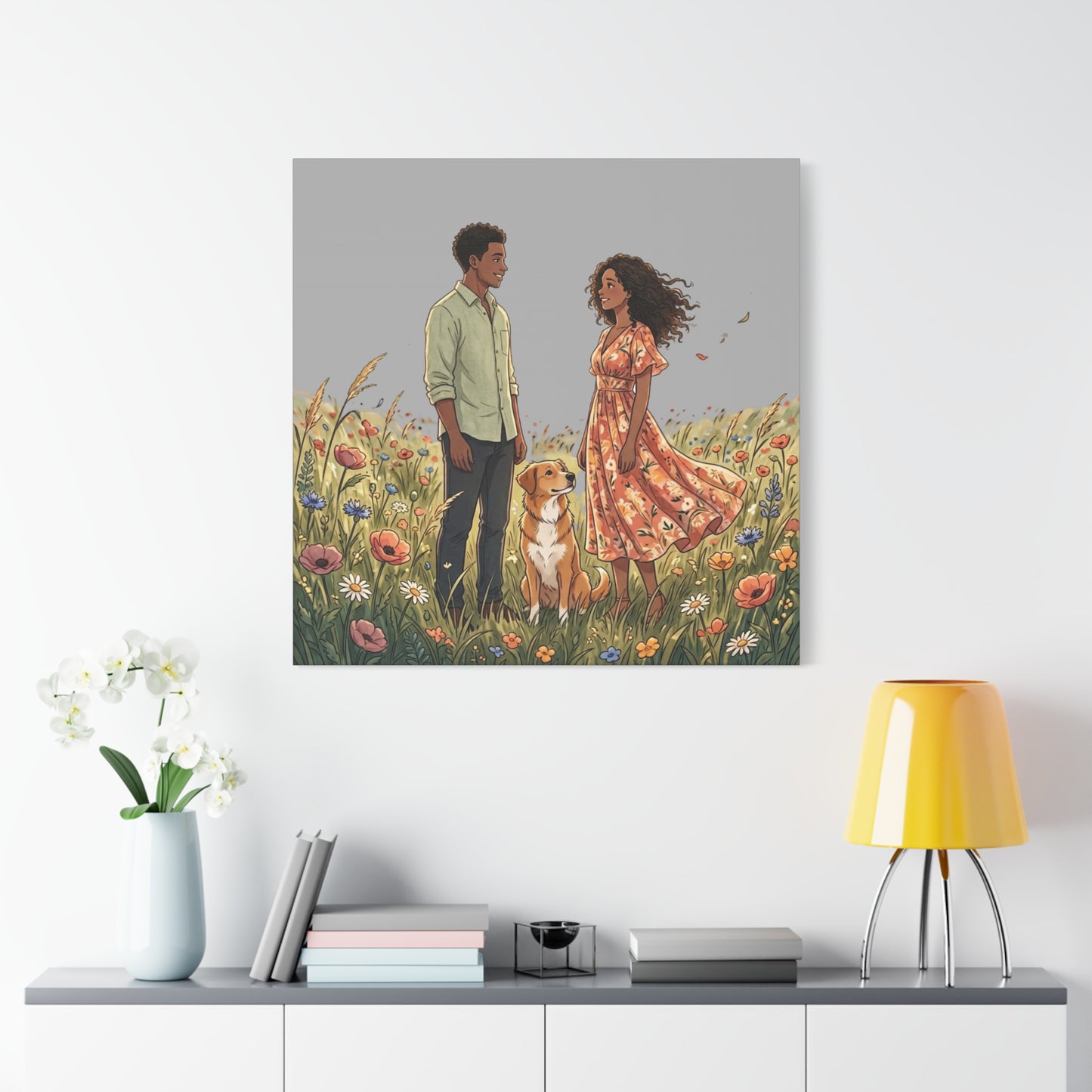 Romantic Couple in Wildflower Field Canvas Art — Black Love Wall Decor with Dog