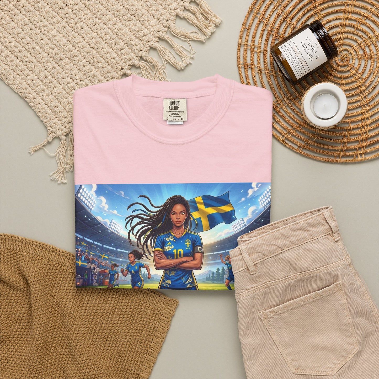 Swedish Soccer Pride T-Shirt — Female Footballer with Flag Stadium Design