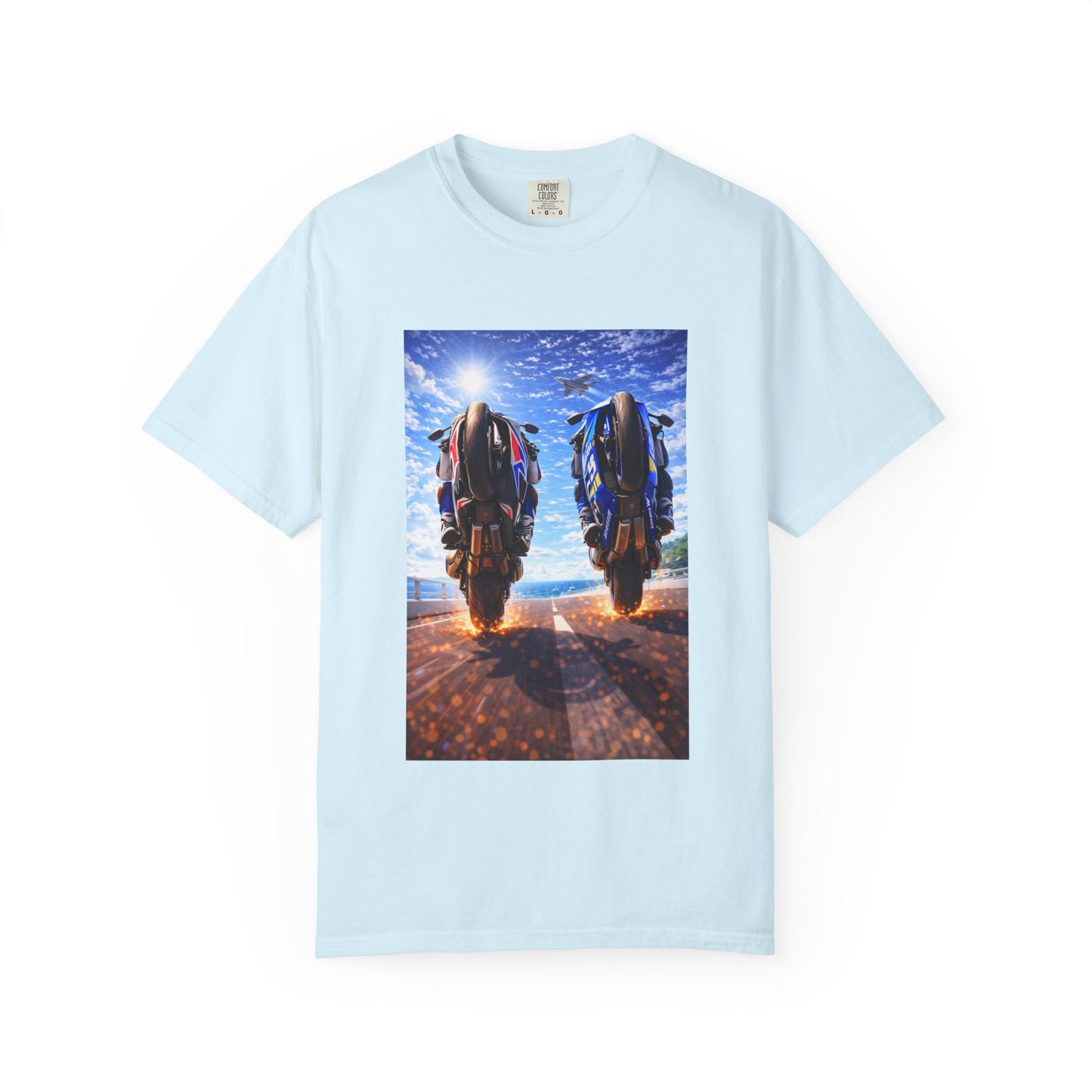 Motorcycle Sunset T-Shirt — Two Bikes Riding Into the Horizon