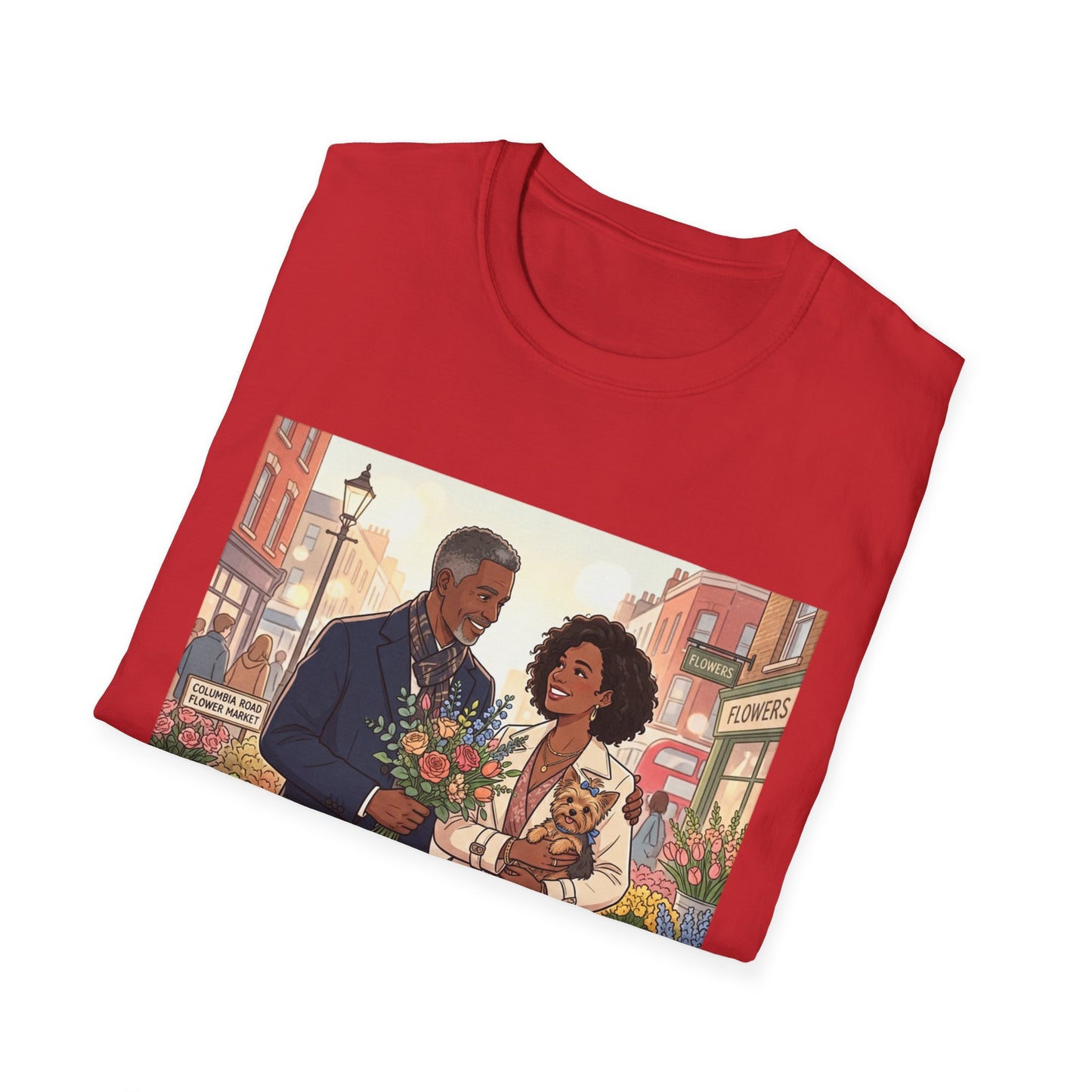 Romantic City Stroll T-Shirt — Couple Bouquet Illustration