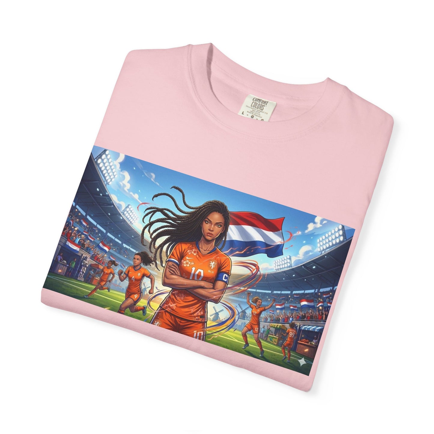 Soccer Warrior T-Shirt — Netherlands Female Captain with Flag Stadium Graphic