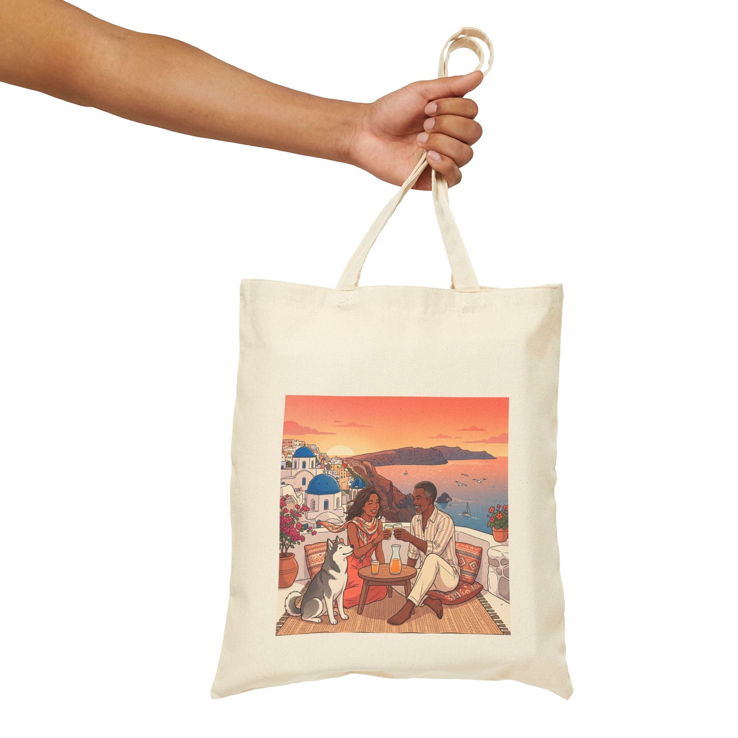 Santorini Sunset Beach Tote — Romantic Couple & Dog Canvas Bag