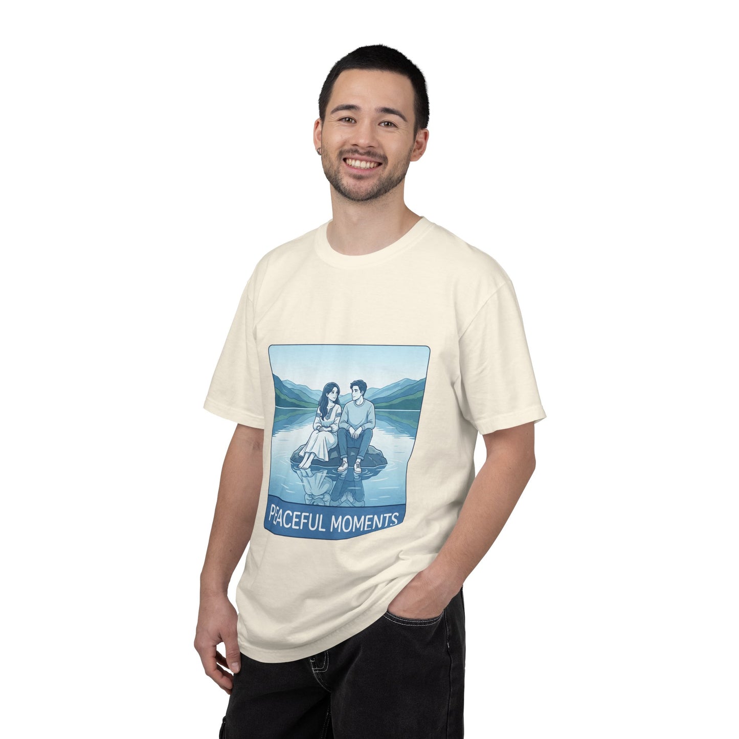 Peaceful Moments Tee — Couple Sitting by Lake Graphic T-Shirt