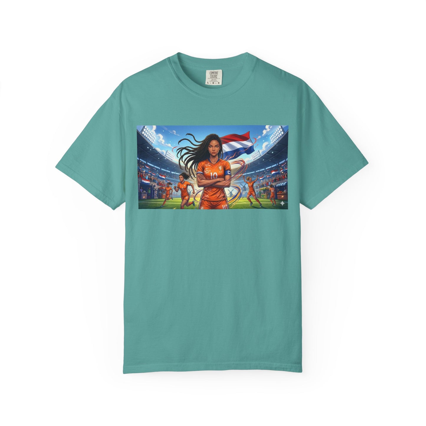 Soccer Warrior T-Shirt — Netherlands Female Captain with Flag Stadium Graphic