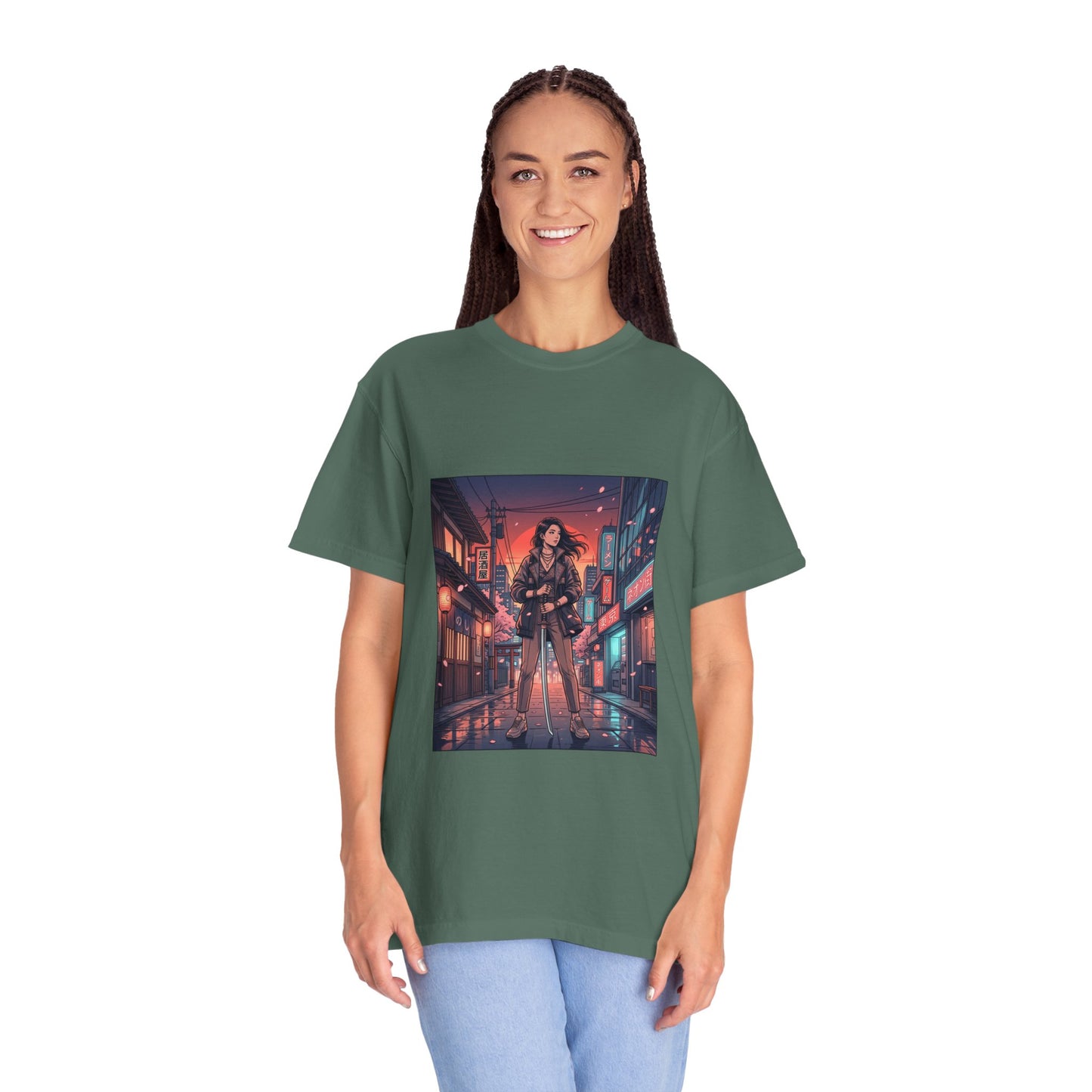 Cyberpunk Night Streets T‑Shirt — Neon Samurai Girl Graphic Tee