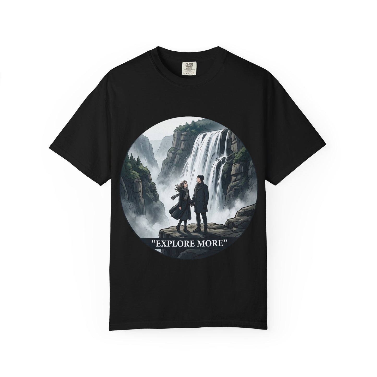 Explore More T-Shirt — Adventure Graphic Tee with Waterfall Scene