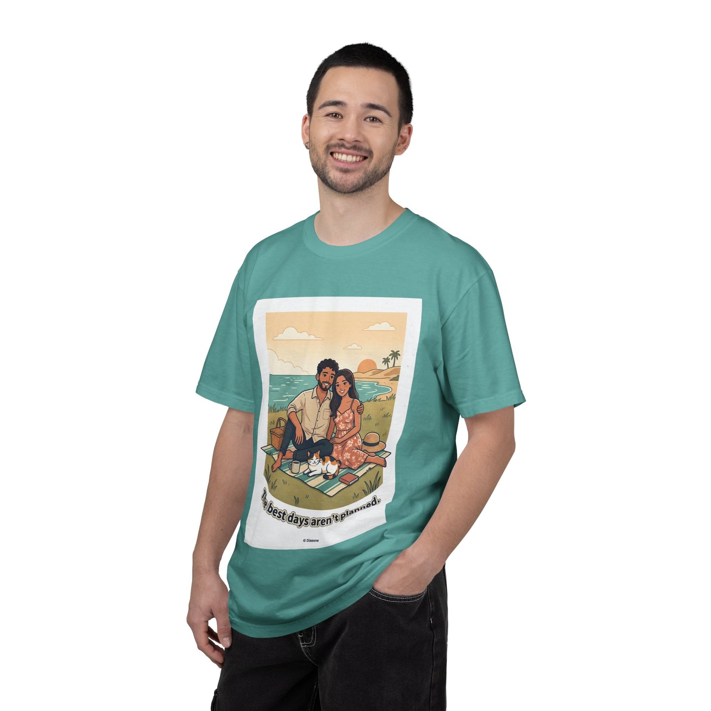 Beach Picnic Couple T‑Shirt — “The best days aren’t planned.” Relaxed Vacation Tee