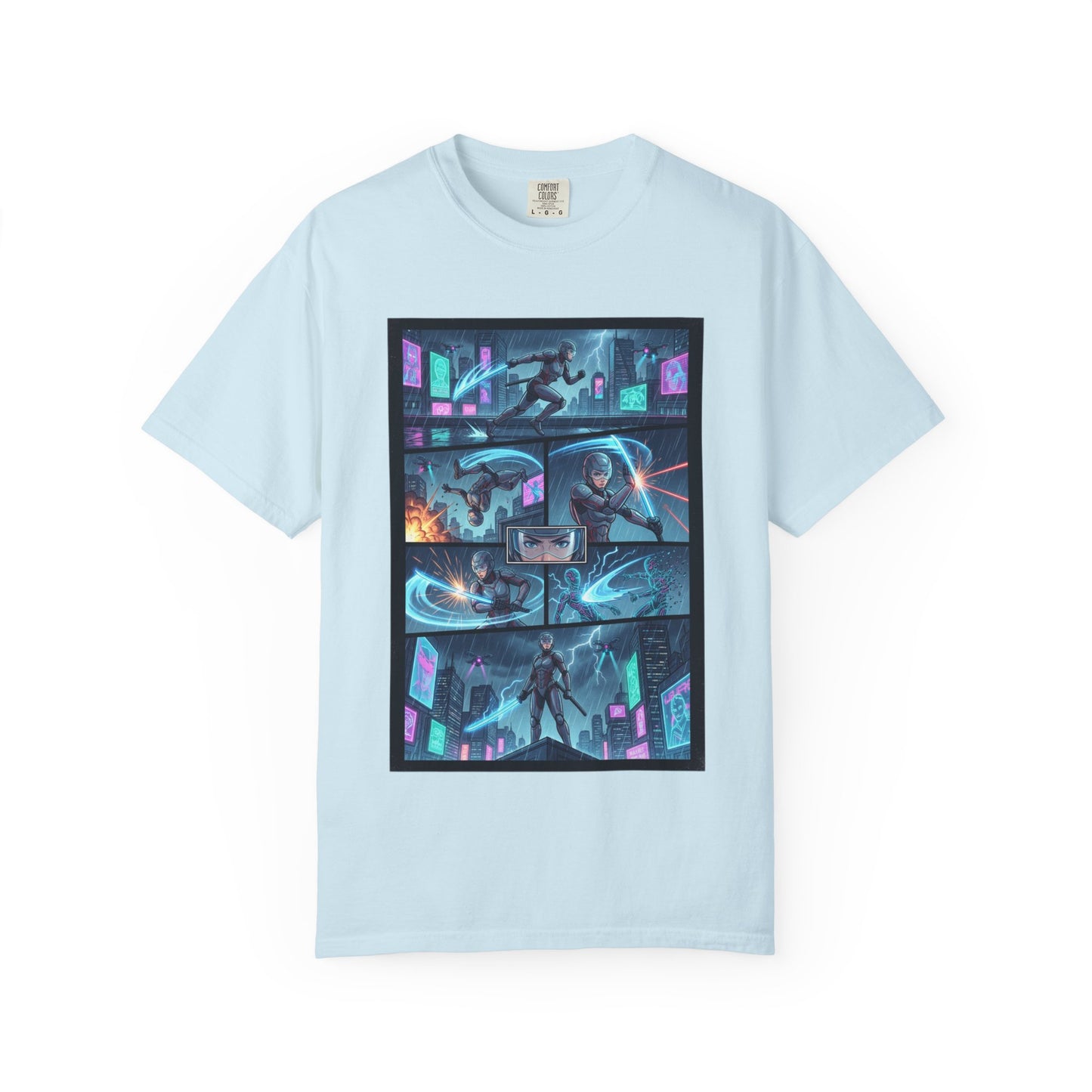 Cyberpunk Girl Samurai T-Shirt — Neon Manga Panel Graphic Tee