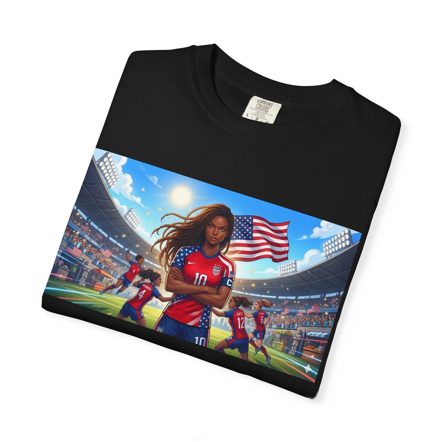 Soccer Mom USA T-Shirt — Female Soccer Player with American Flag Stadium Graphic