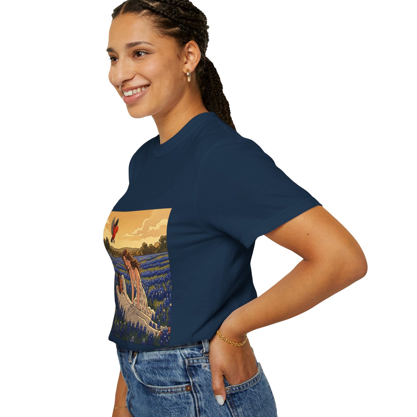Romantic Bluebonnet Field T-Shirt — Couple in Wildflower Meadow Art Tee