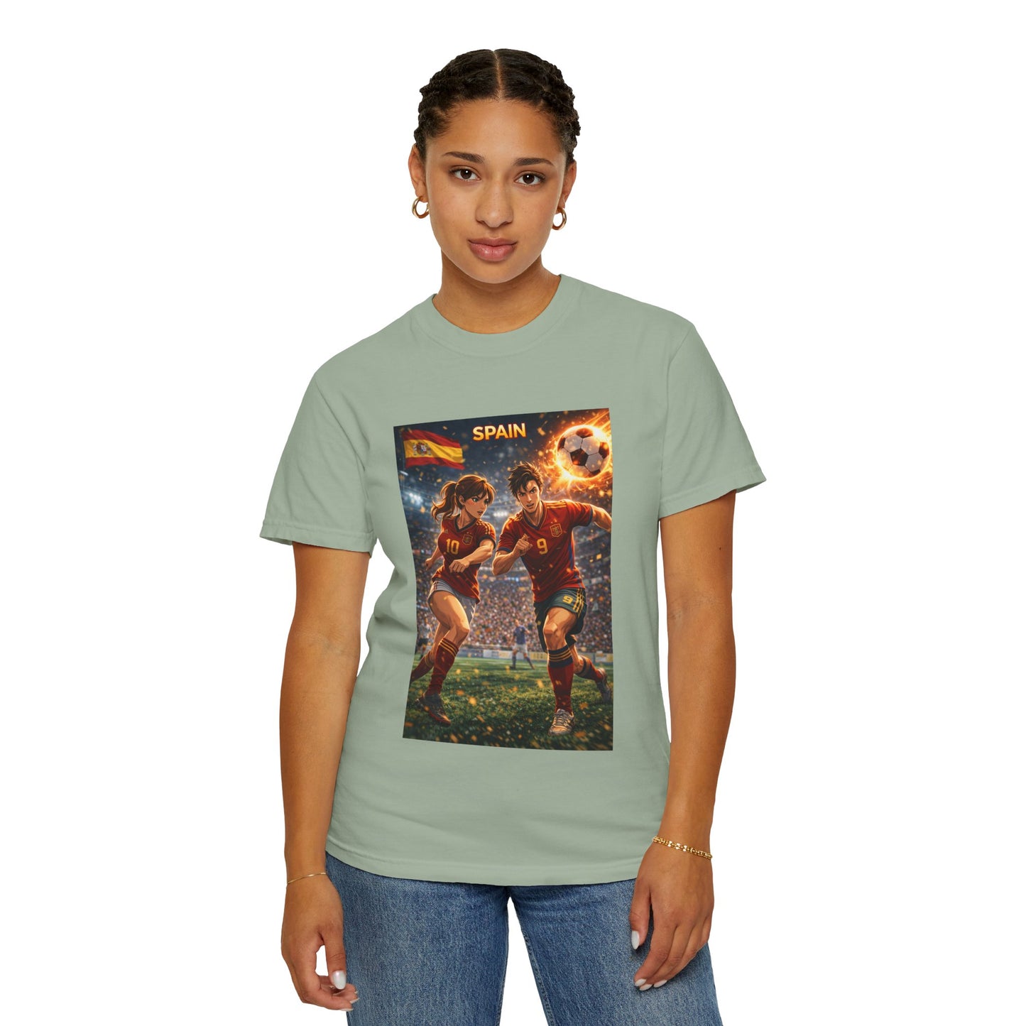 Spain Soccer Graphic T-Shirt — Retro Match Scene with Flag