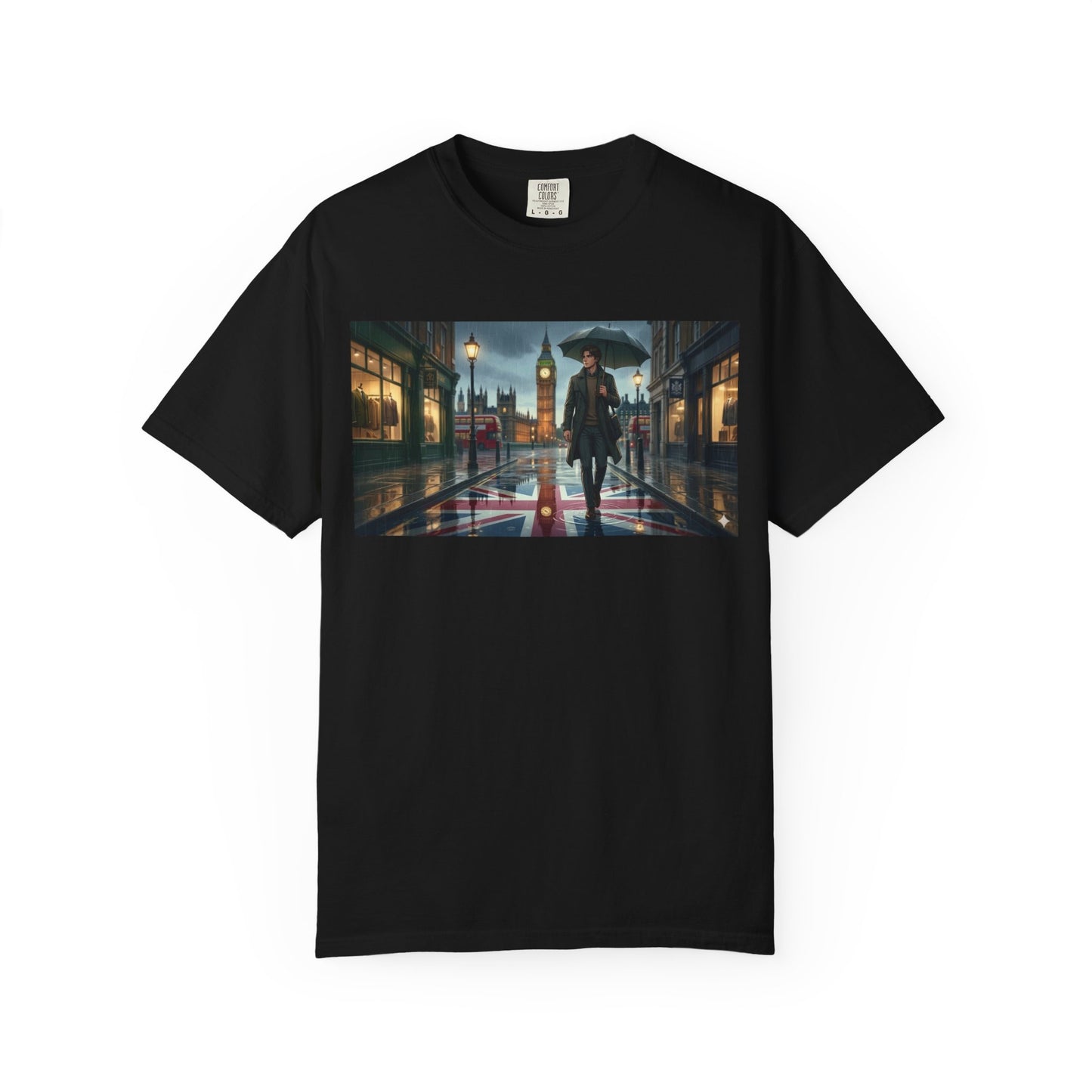 T-Shirt — Rainy London Street Scene Graphic Tee (Big Ben, Umbrella, Night Cityscape)