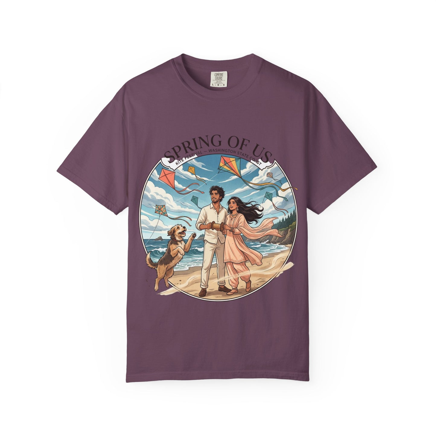Spring of Us T-Shirt — Romantic Beach Couple Illustration with Dog