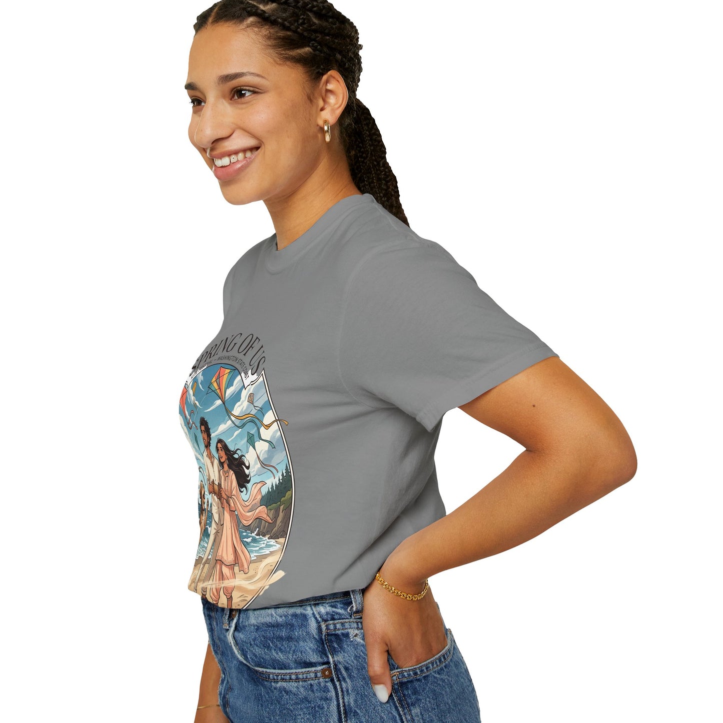 Spring of Us T-Shirt — Romantic Beach Couple Illustration with Dog
