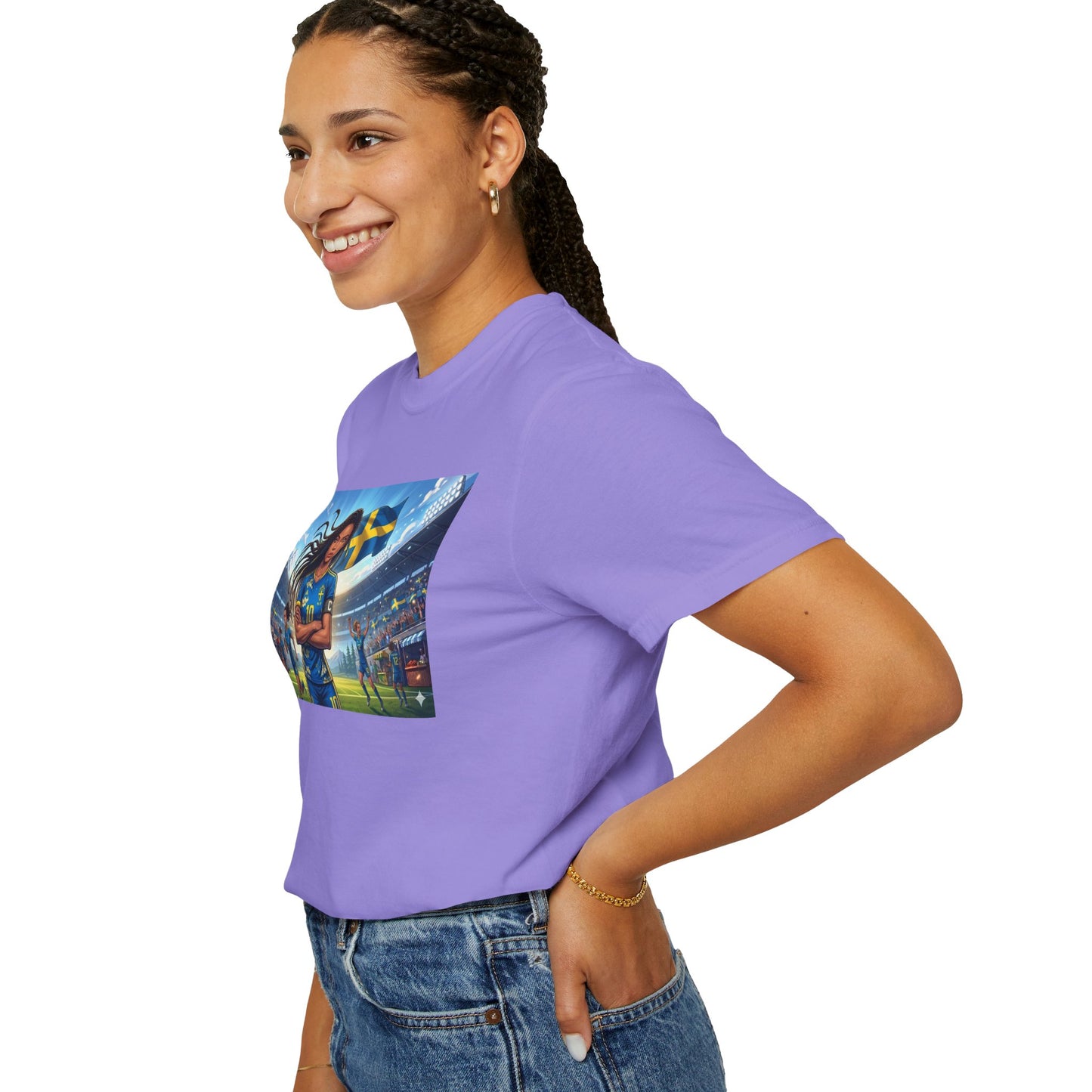 Swedish Soccer Pride T-Shirt — Female Footballer with Flag Stadium Design