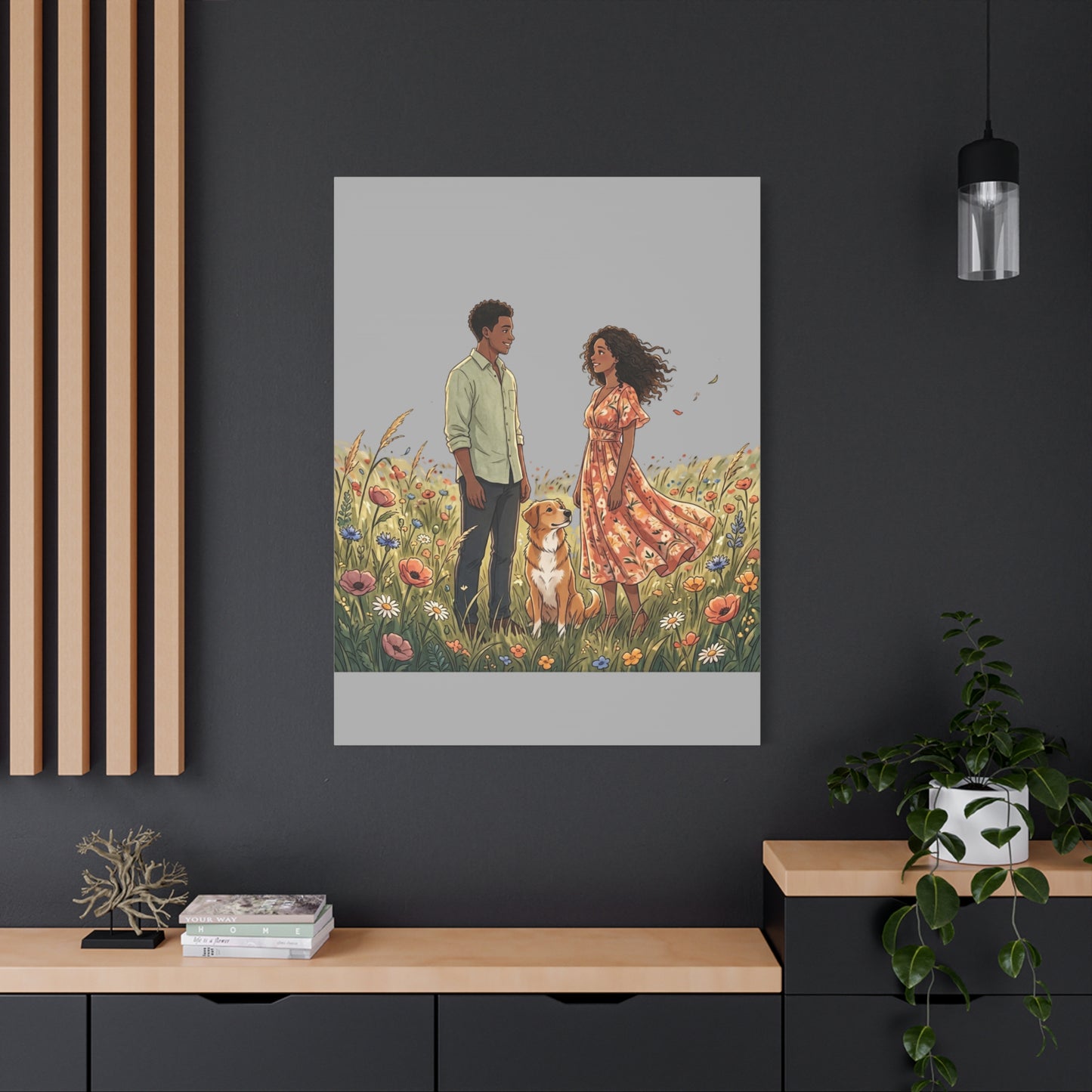 Romantic Couple in Wildflower Field Canvas Art — Black Love Wall Decor with Dog