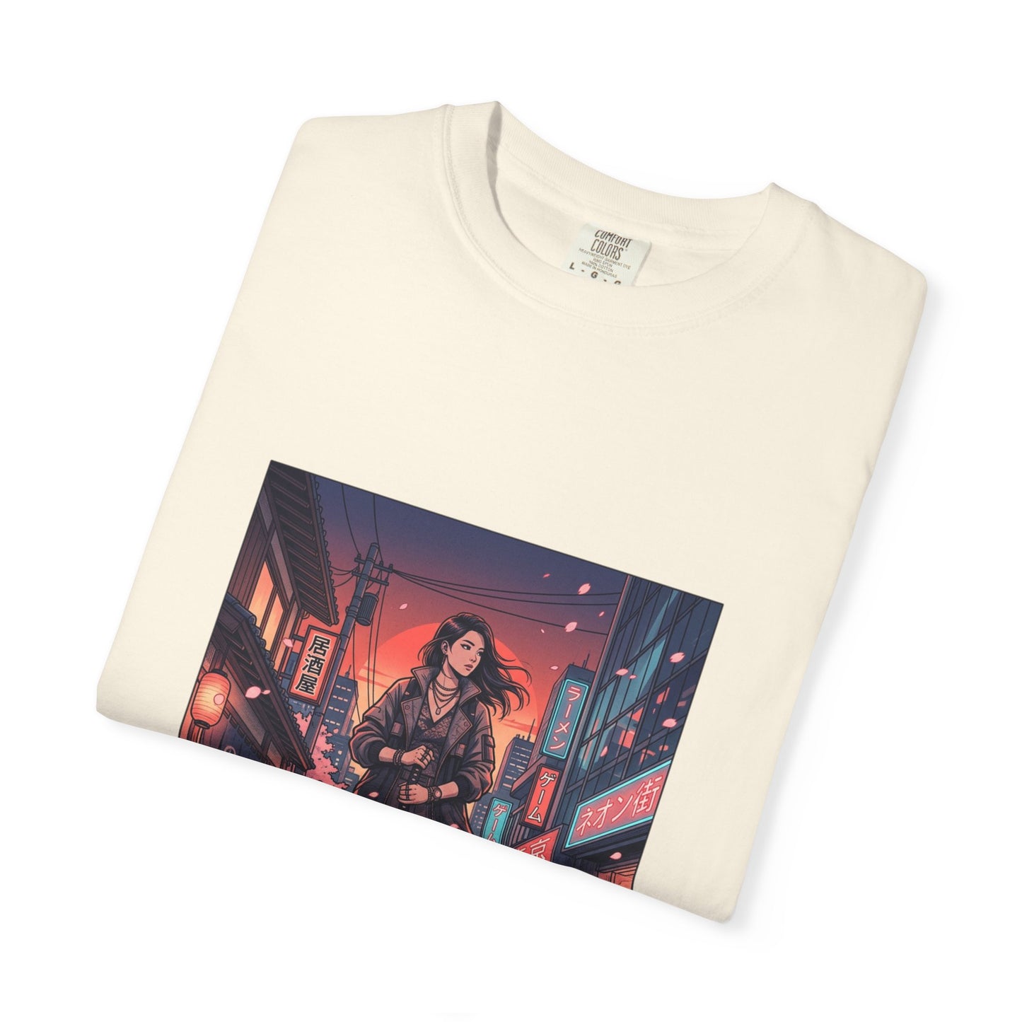 Cyberpunk Night Streets T‑Shirt — Neon Samurai Girl Graphic Tee