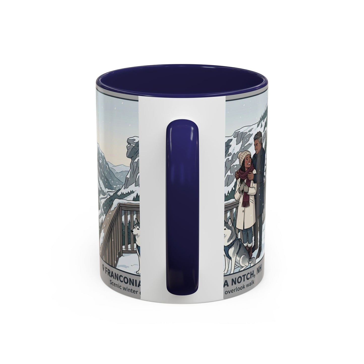 Franconia Notch Scenic Winter Mug — Couples & Dog Snowy Overlook Coffee Cup (11/15oz)