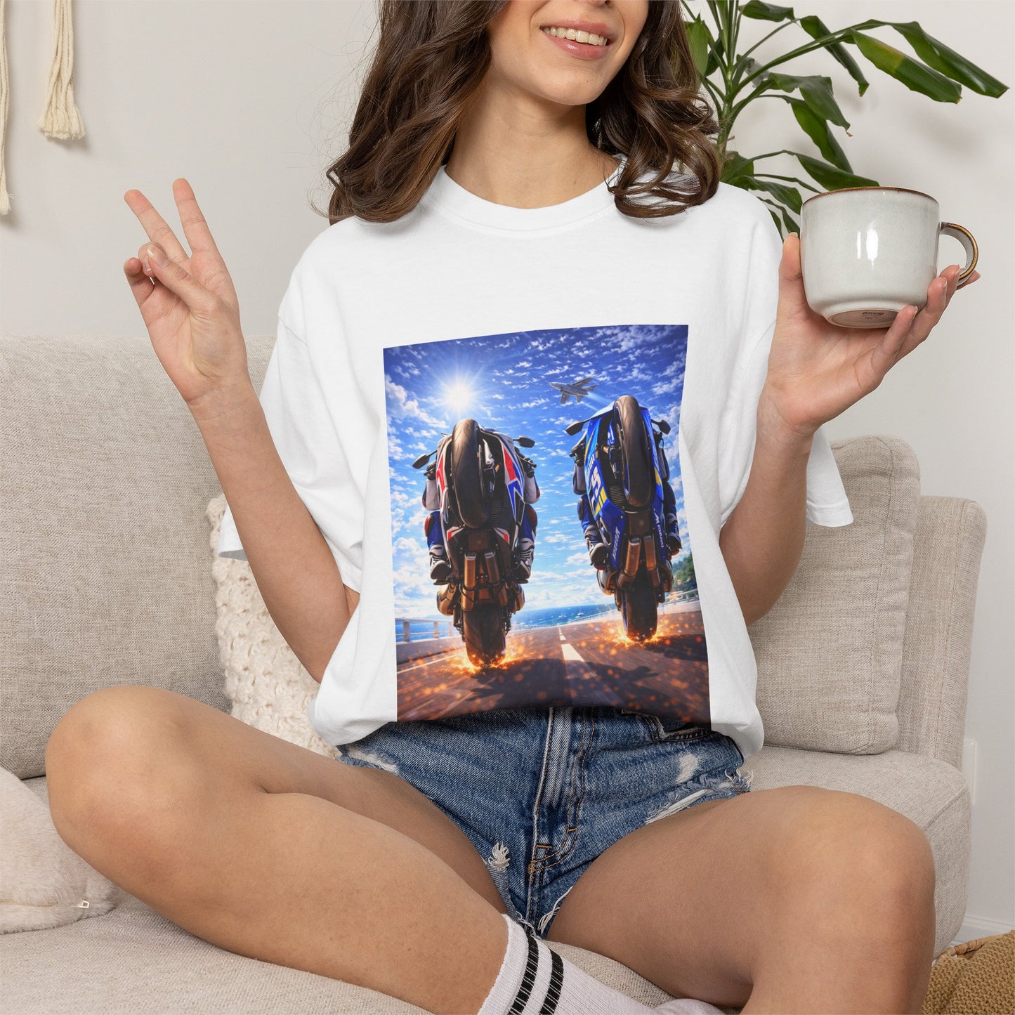 Motorcycle Sunset T-Shirt — Two Bikes Riding Into the Horizon