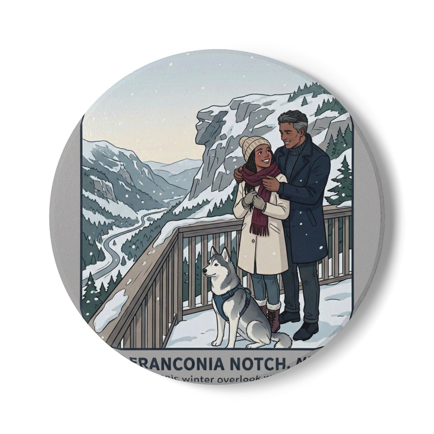 Franconia Notch Winter Scenic Ceramic Coaster — Couple with Husky Snowview