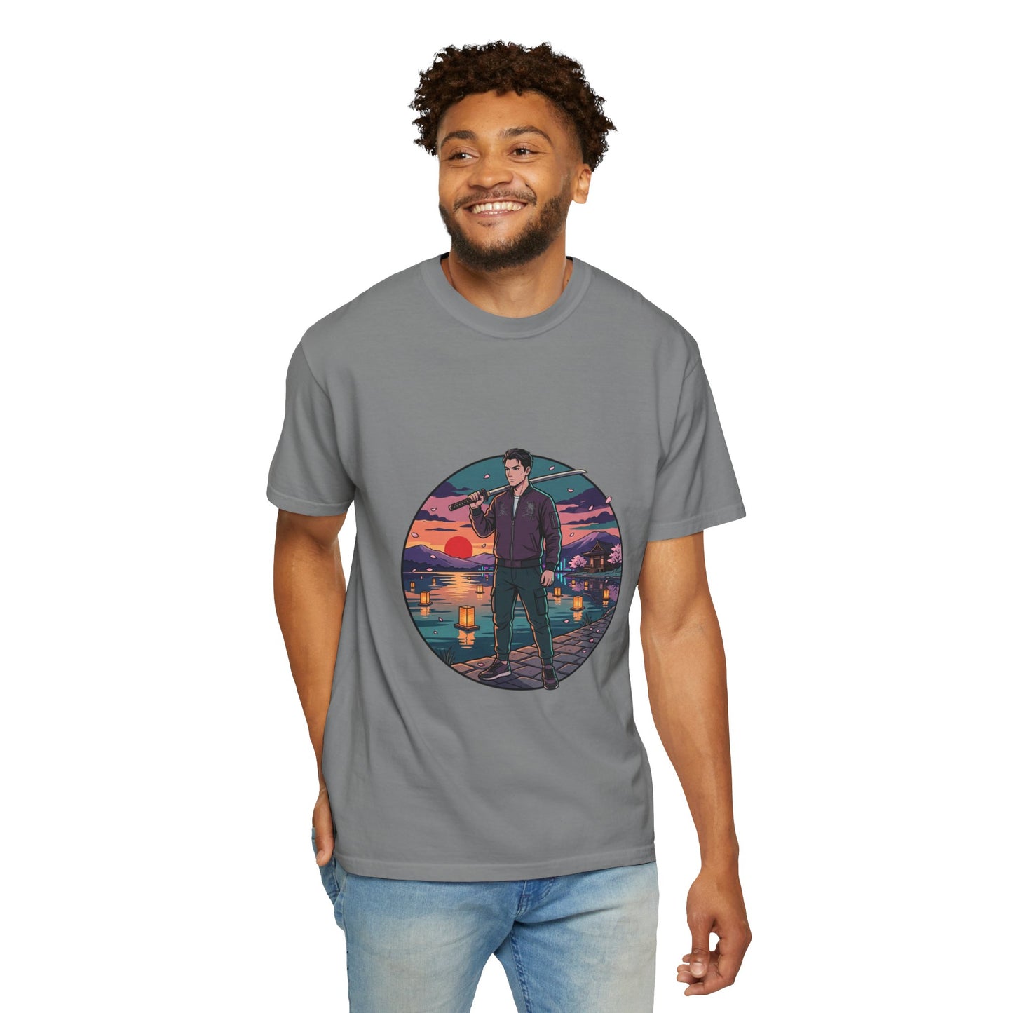 Vintage Night Harbor T-Shirt — Retro Sunset Fisherman Graphic Tee