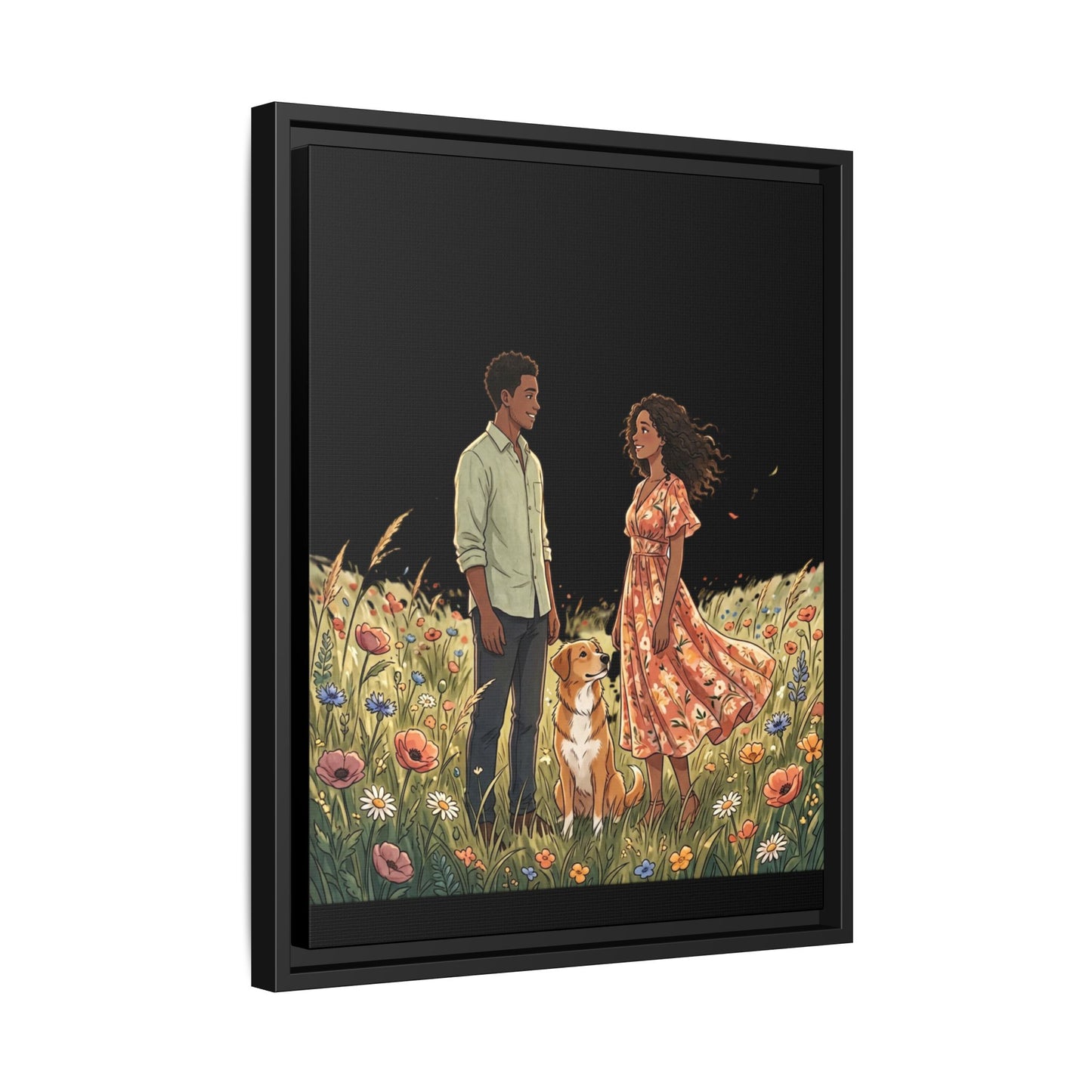 Framed Matte Canvas Print — Romantic Couple in Wildflower Field (Multi‑Color)