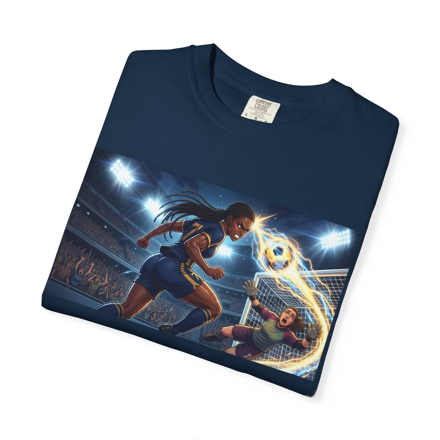 Soccer Duel Graphic T-Shirt — Futuristic Goalkeeper vs Striker Stadium Print