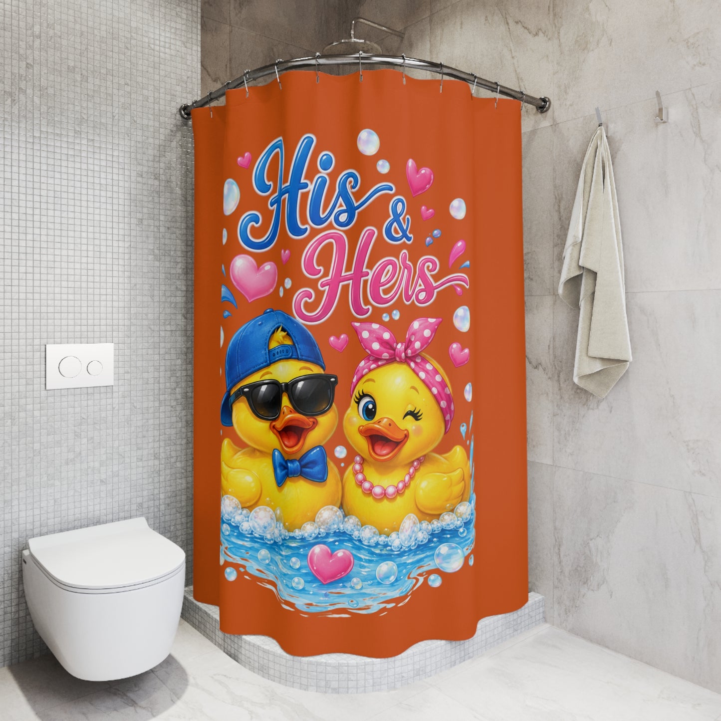 His & Hers Cute Rubber Duck Shower Curtain — Romantic Bathroom Decor