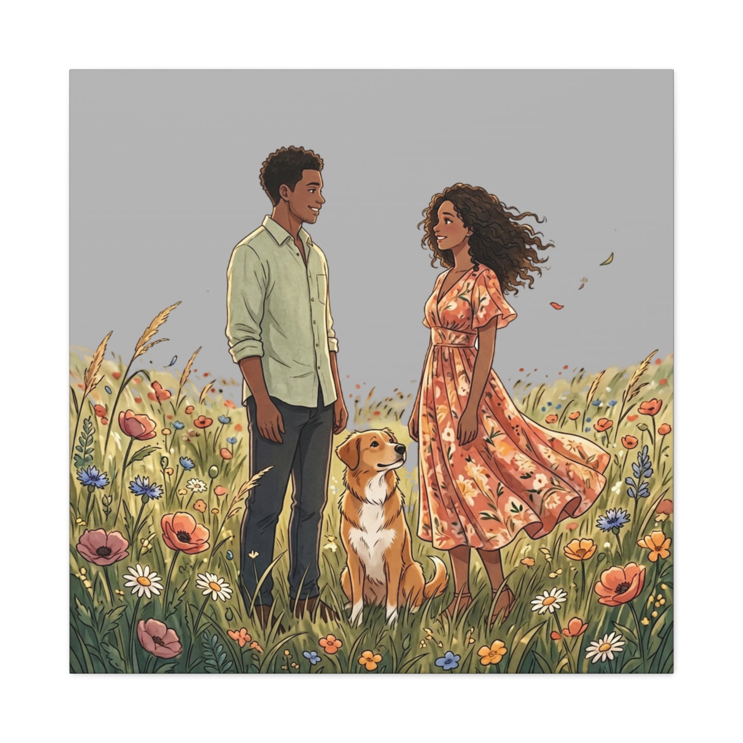 Romantic Couple in Wildflower Field Canvas Art — Black Love Wall Decor with Dog