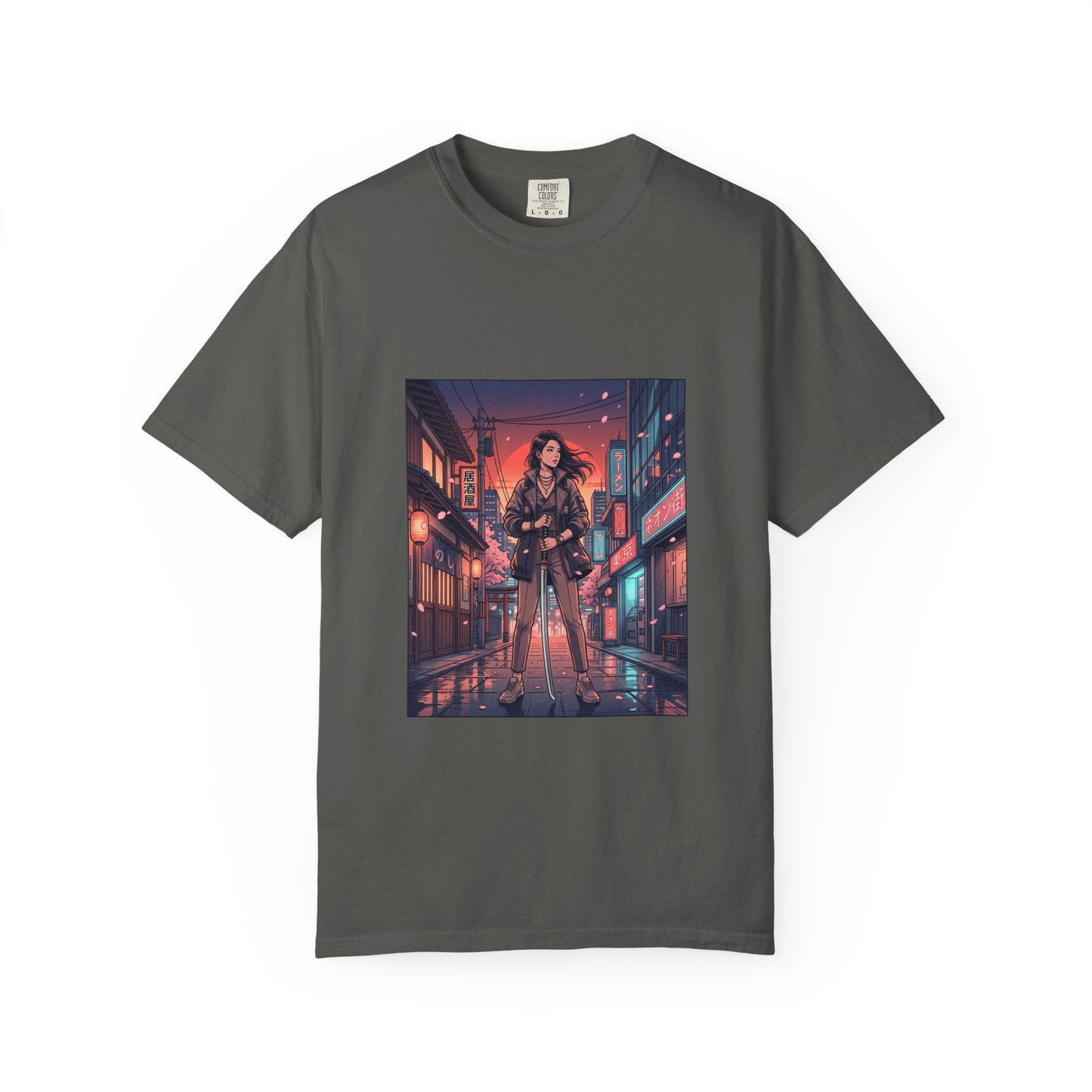 Cyberpunk Night Streets T‑Shirt — Neon Samurai Girl Graphic Tee