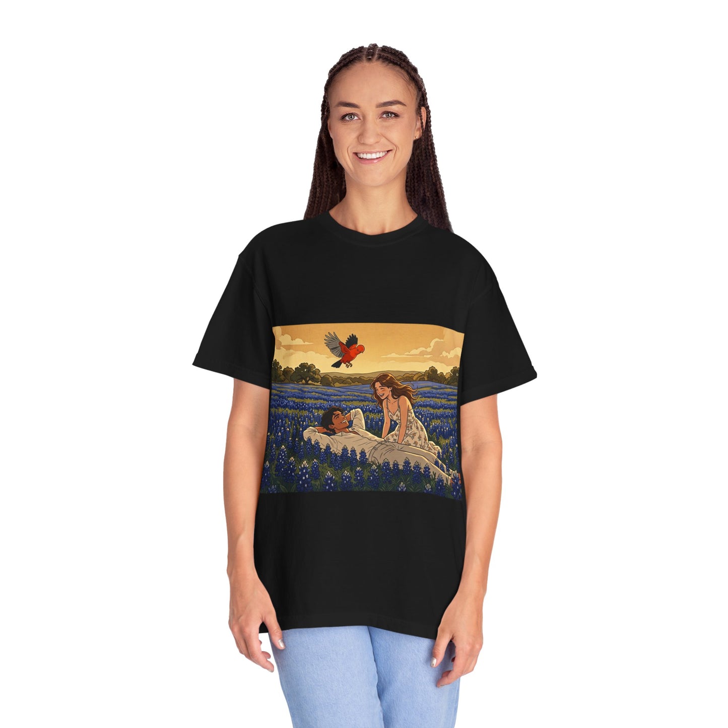 Romantic Bluebonnet Field T-Shirt — Couple in Wildflower Meadow Art Tee
