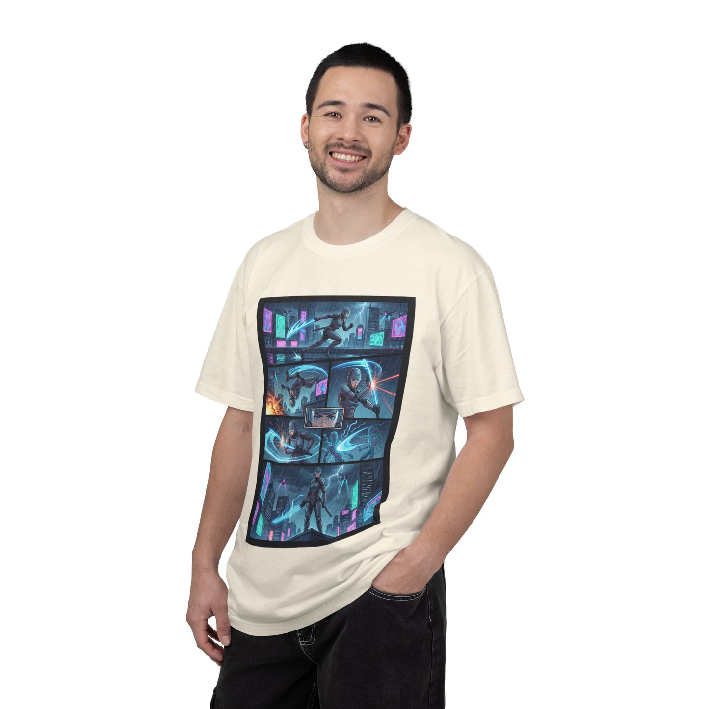 Cyberpunk Girl Samurai T-Shirt — Neon Manga Panel Graphic Tee
