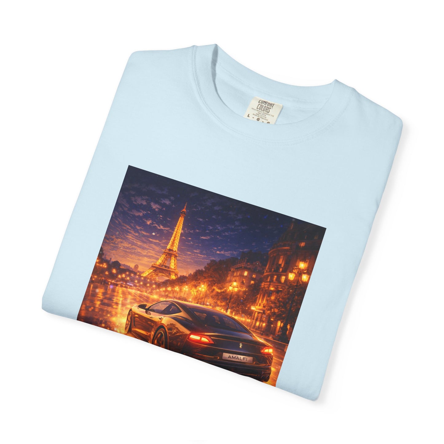 Paris Night Drive T-Shirt — Sports Car in Rainy Cityscape