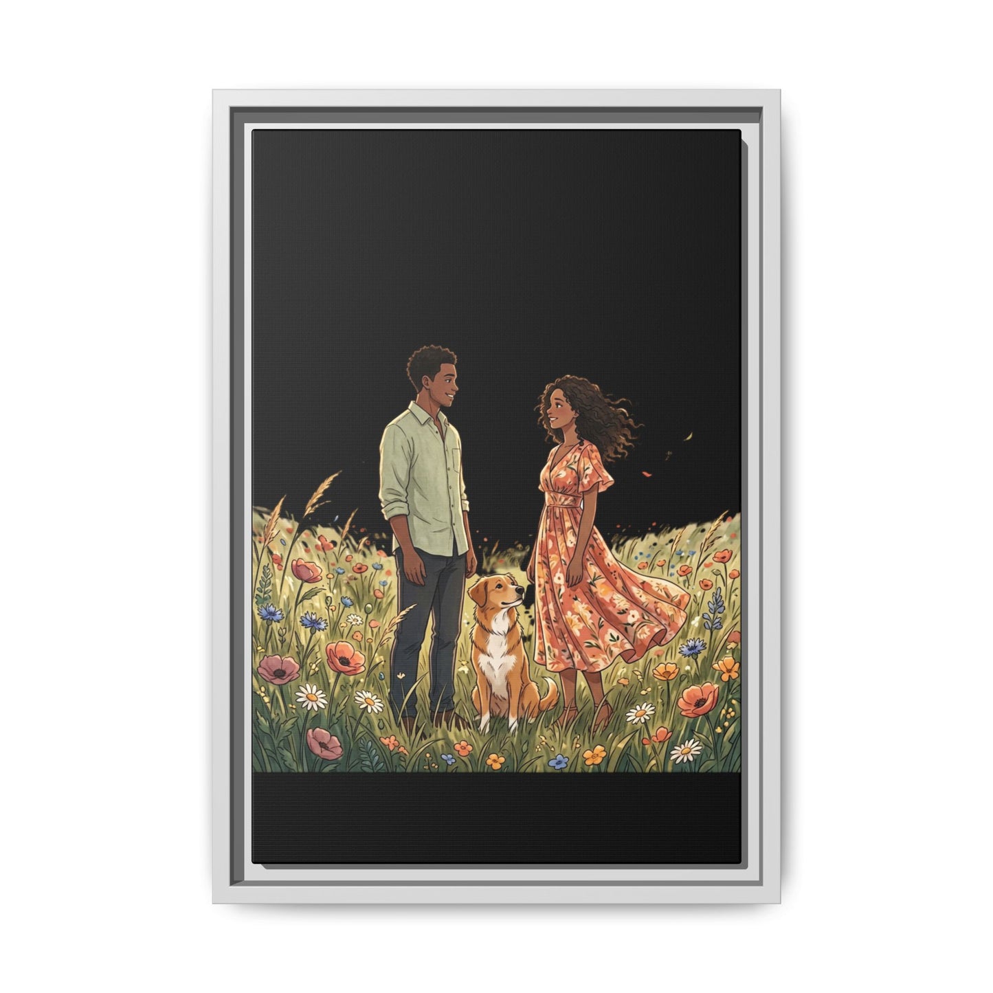 Framed Matte Canvas Print — Romantic Couple in Wildflower Field (Multi‑Color)