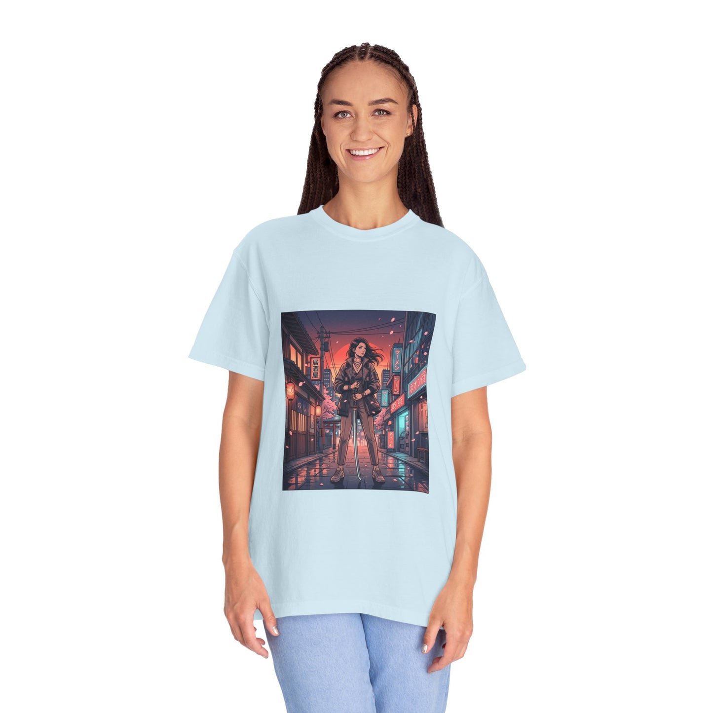 Cyberpunk Night Streets T‑Shirt — Neon Samurai Girl Graphic Tee