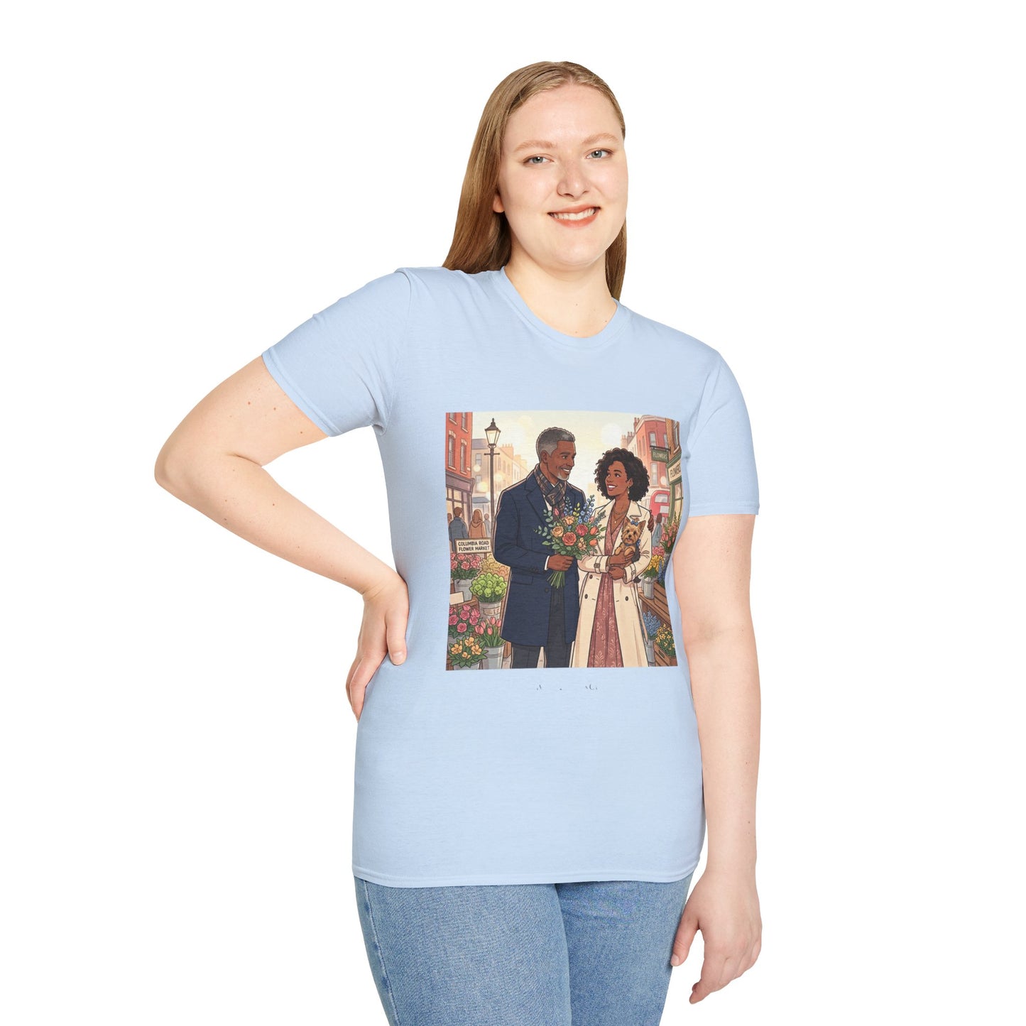 Romantic City Stroll T-Shirt — Couple Bouquet Illustration