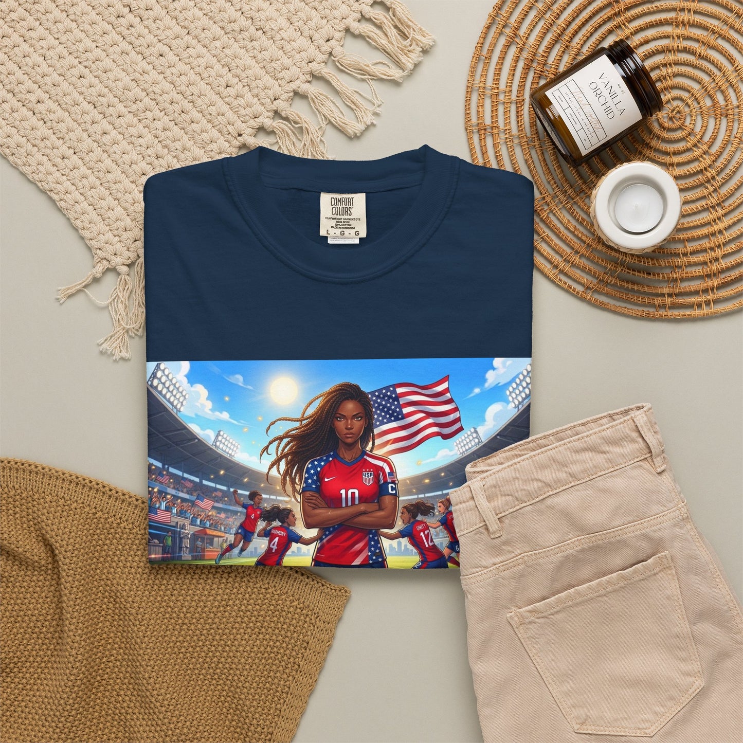 Soccer Mom USA T-Shirt — Female Soccer Player with American Flag Stadium Graphic