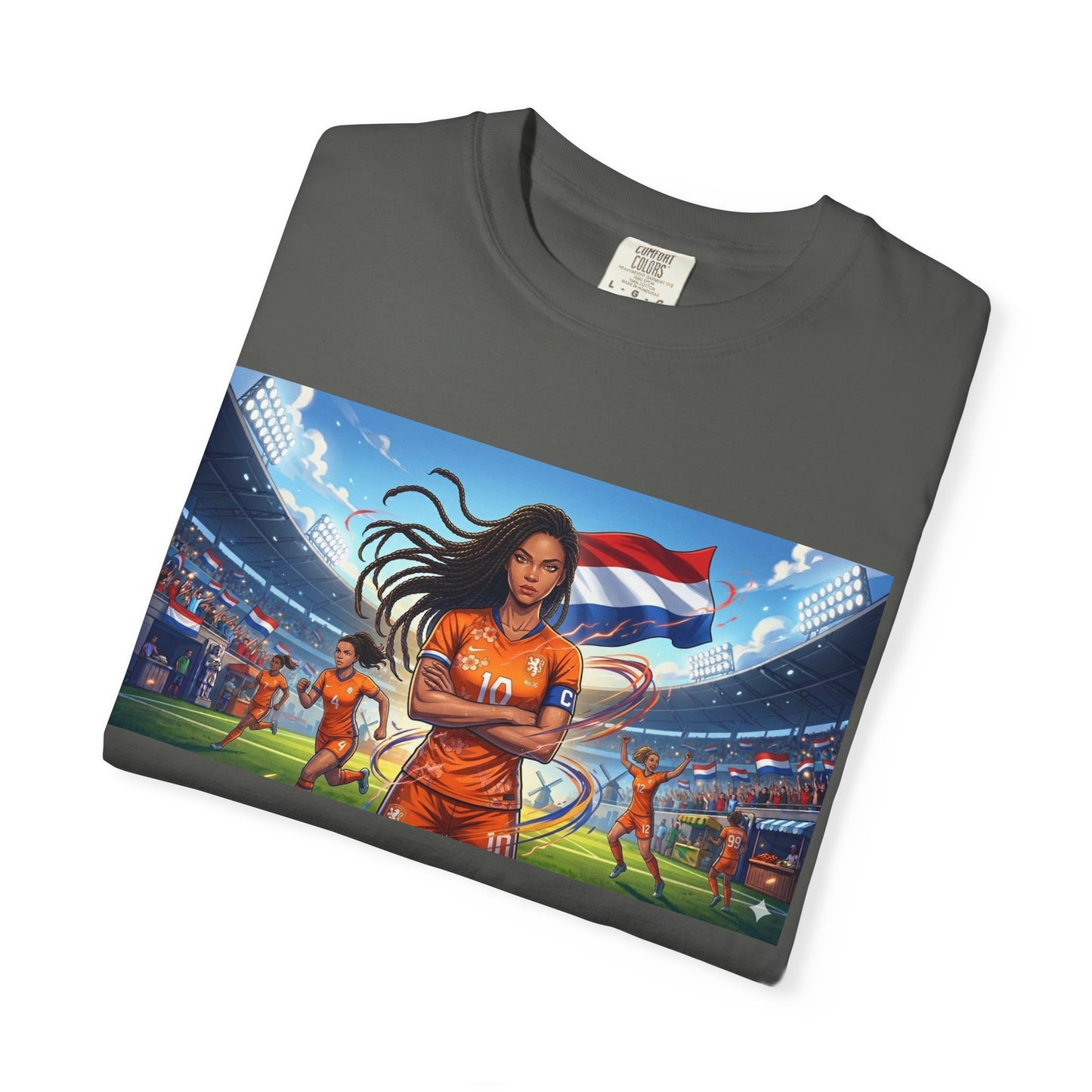 Soccer Warrior T-Shirt — Netherlands Female Captain with Flag Stadium Graphic