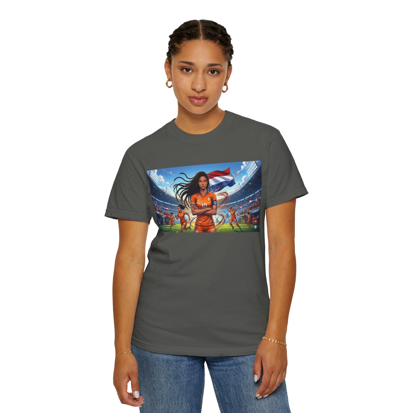 Soccer Warrior T-Shirt — Netherlands Female Captain with Flag Stadium Graphic