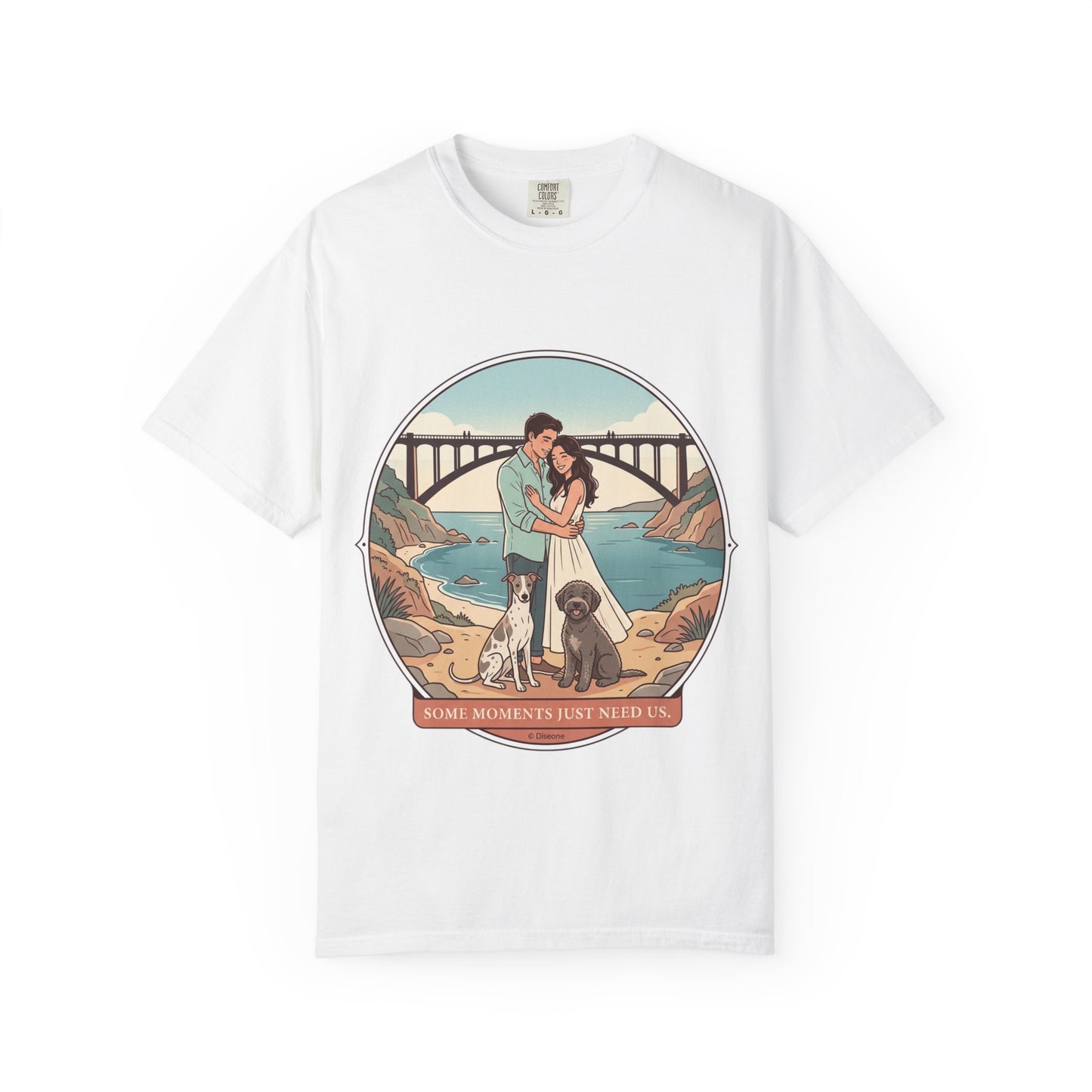 T-Shirt — Romantic Coastal Couples Tee “Some Moments Are Forever” with Dogs
