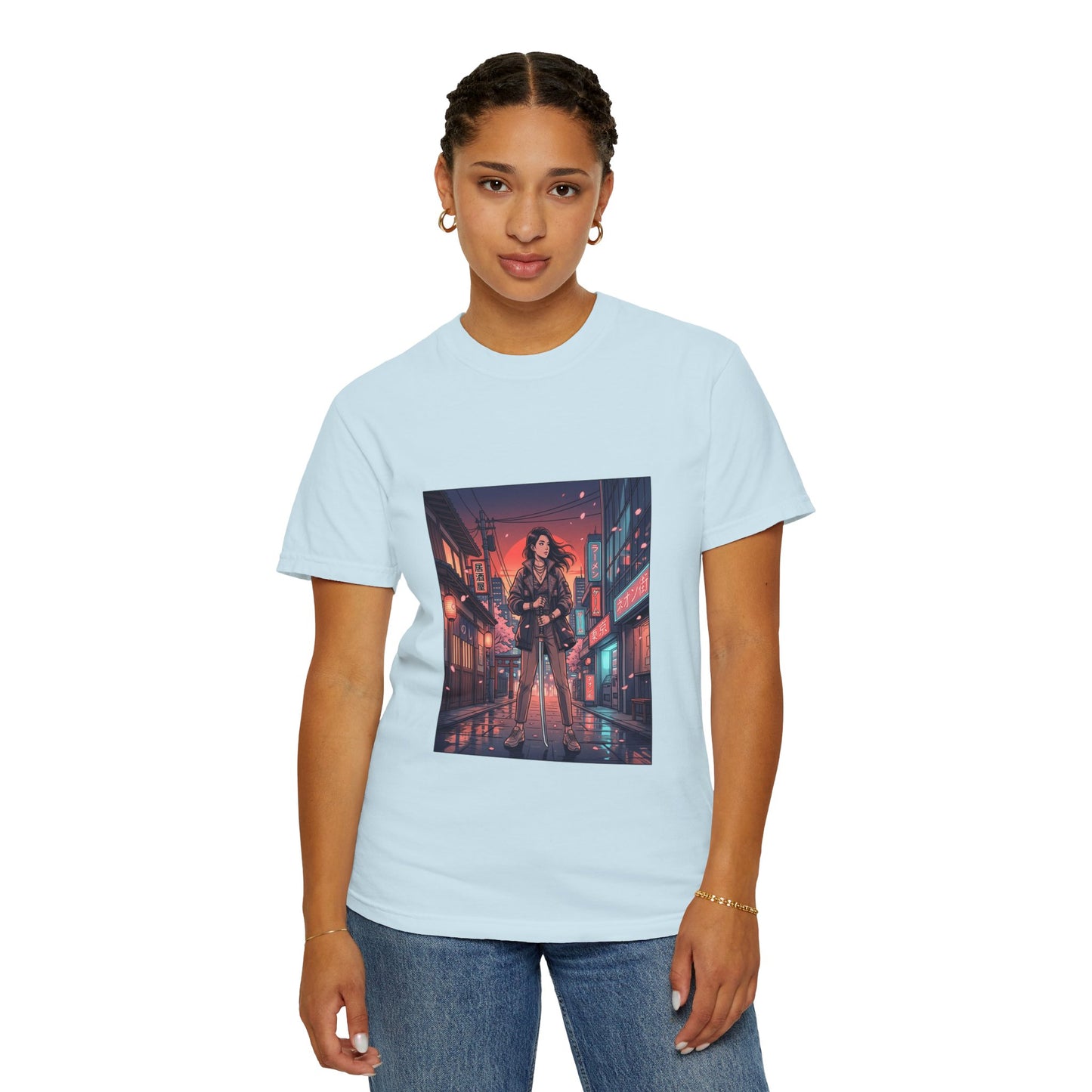 Cyberpunk Night Streets T‑Shirt — Neon Samurai Girl Graphic Tee
