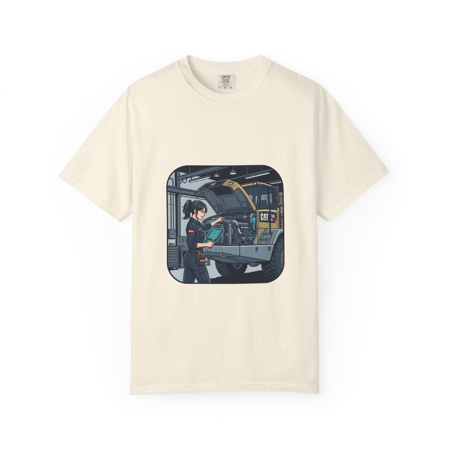 Mechanic Garage Scene T-Shirt — Vintage Truck Repair Illustration