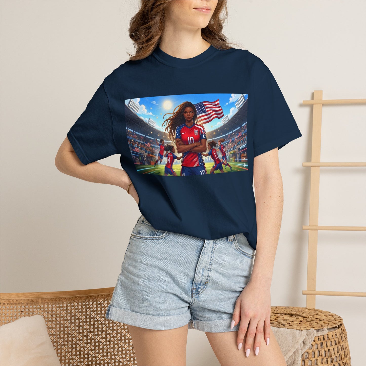 Soccer Mom USA T-Shirt — Female Soccer Player with American Flag Stadium Graphic