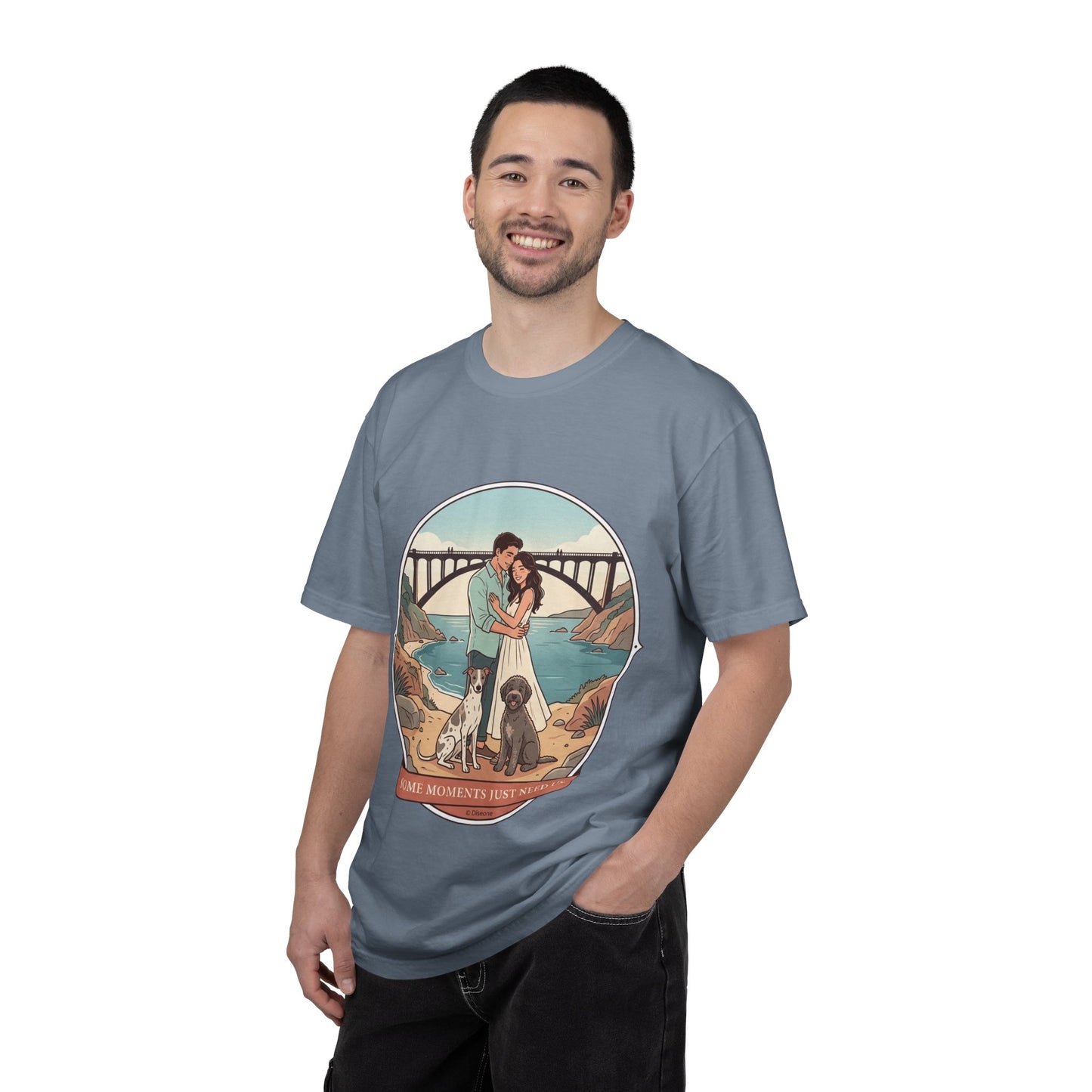 T-Shirt — Romantic Coastal Couples Tee “Some Moments Are Forever” with Dogs